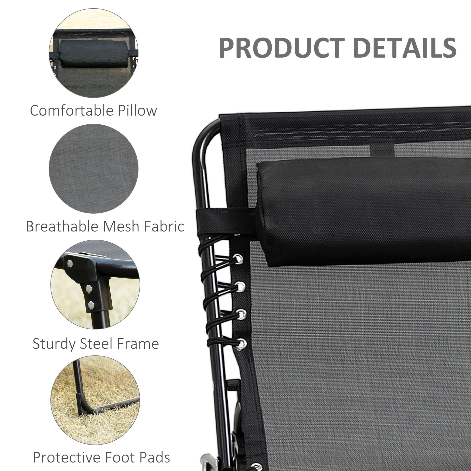 Outsunny Reclining Chaise Lounge Chair, Portable Sun Lounger, Folding Camping Cot with Adjustable Backrest and Removable Pillow, for Patio, Garden, Beach, Black