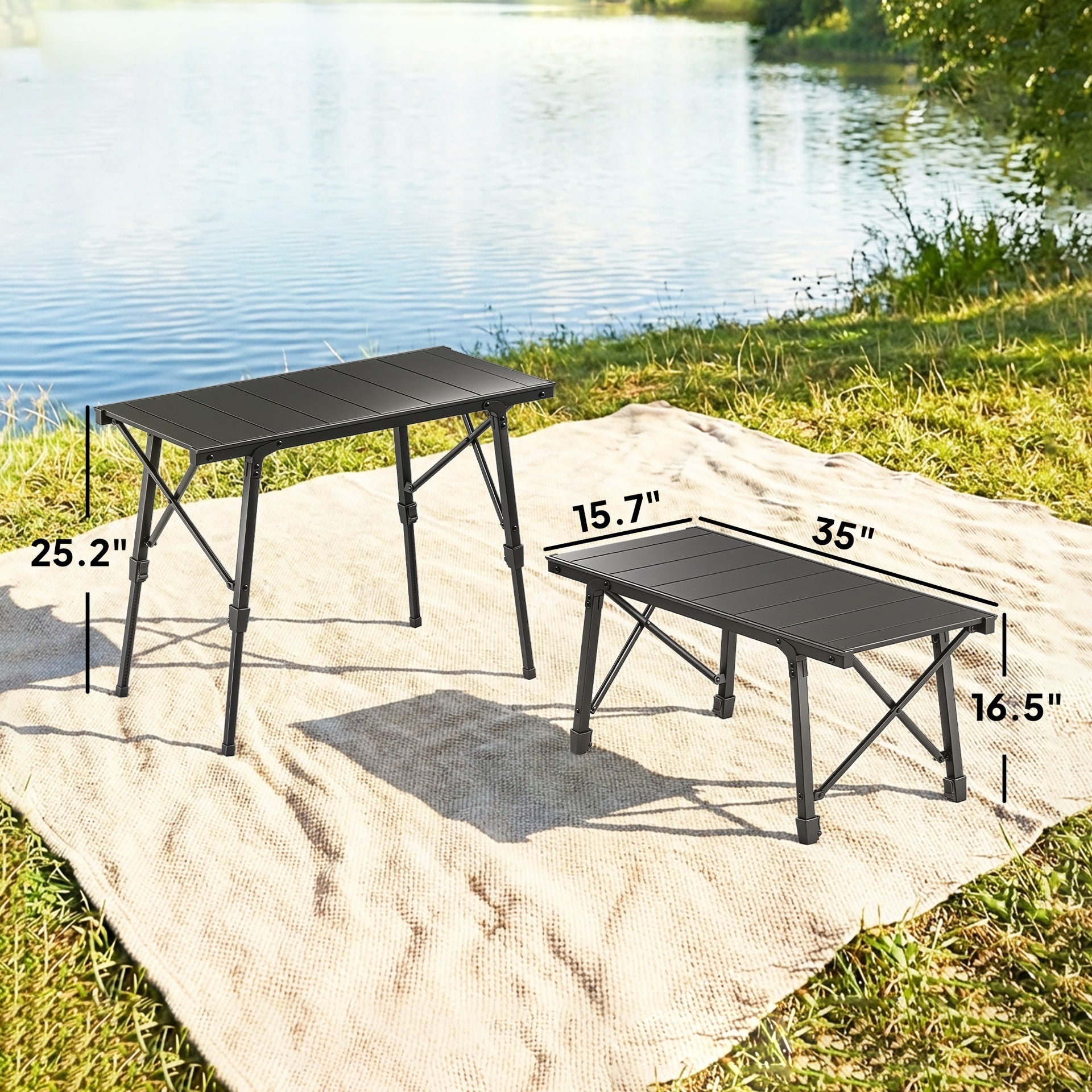 Outsunny Adjustable Height Folding Picnic Table with Removable Plates, Aluminum Camping Table, Black