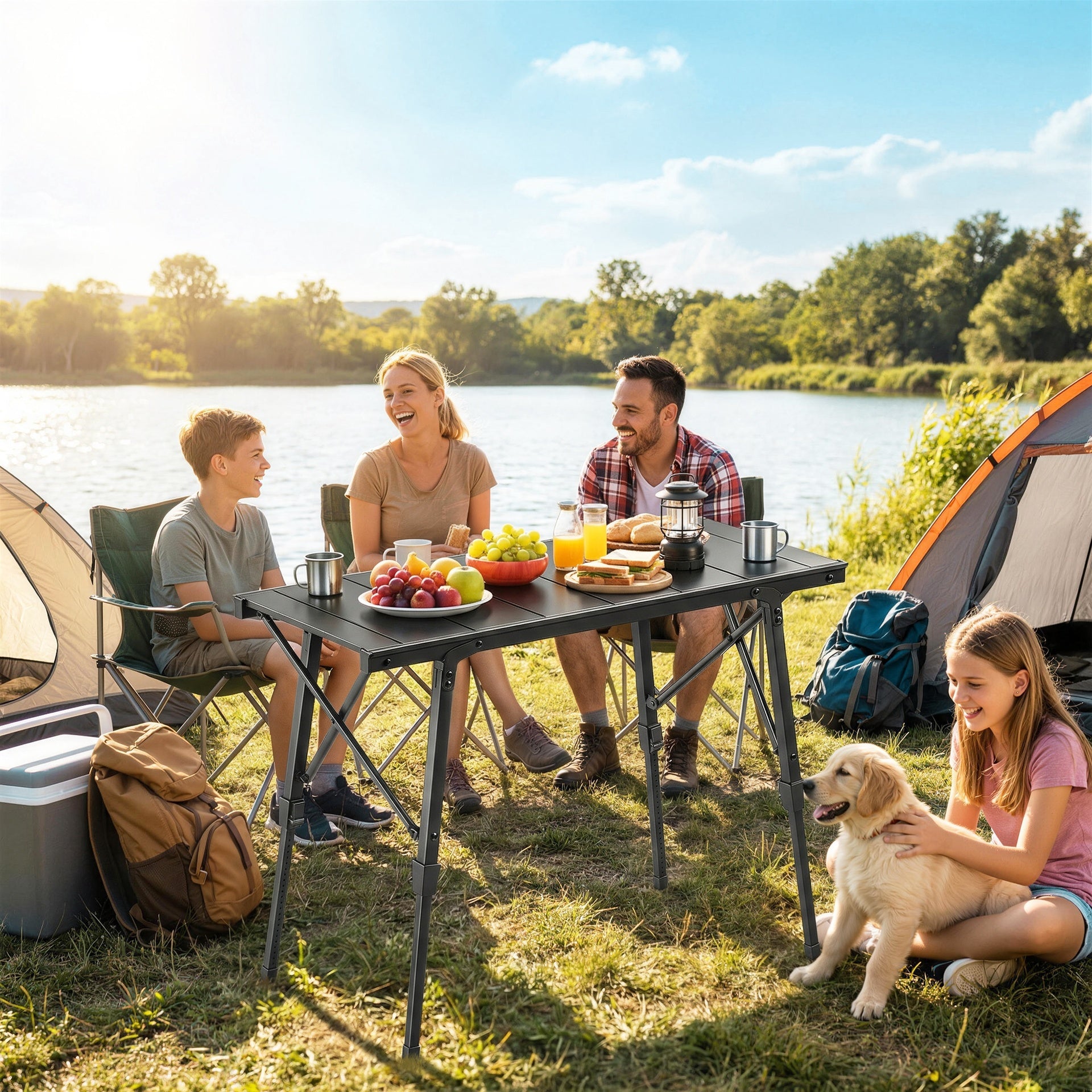 Outsunny Adjustable Height Folding Picnic Table with Removable Plates, Aluminum Camping Table, Black