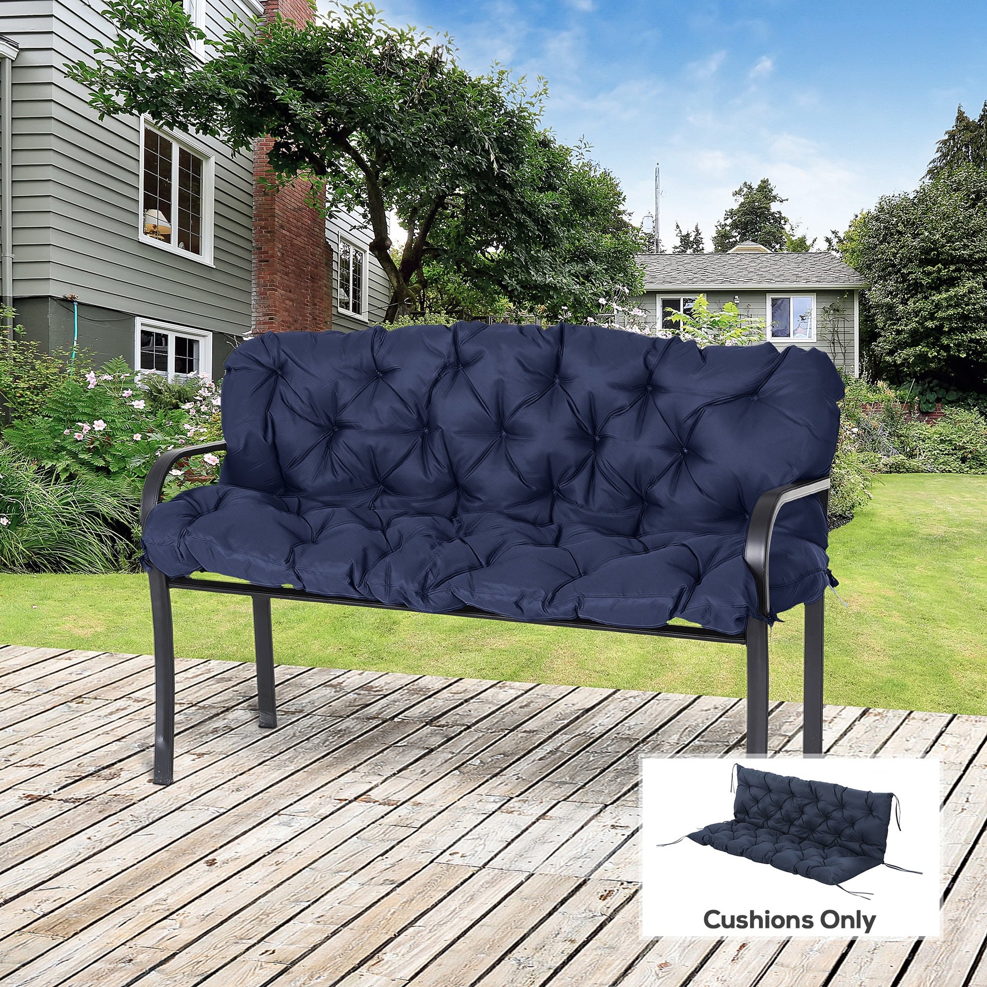 Outsunny 59" x 38" Tufted Bench Cushion for Outdoor Furniture, 3-Seater Replacement for Swing Chair, Patio Sofa/Couch, Dark Blue