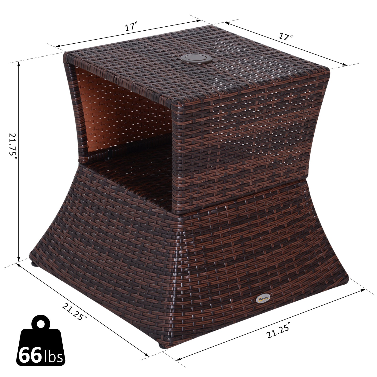 Outsunny Outdoor Side Table with Umbrella Hole, 2 Tier Rattan Wicker End Table with Storage Shelf, All Weather for Outdoor, Patio, Garden, Backyard, Mixed Brown