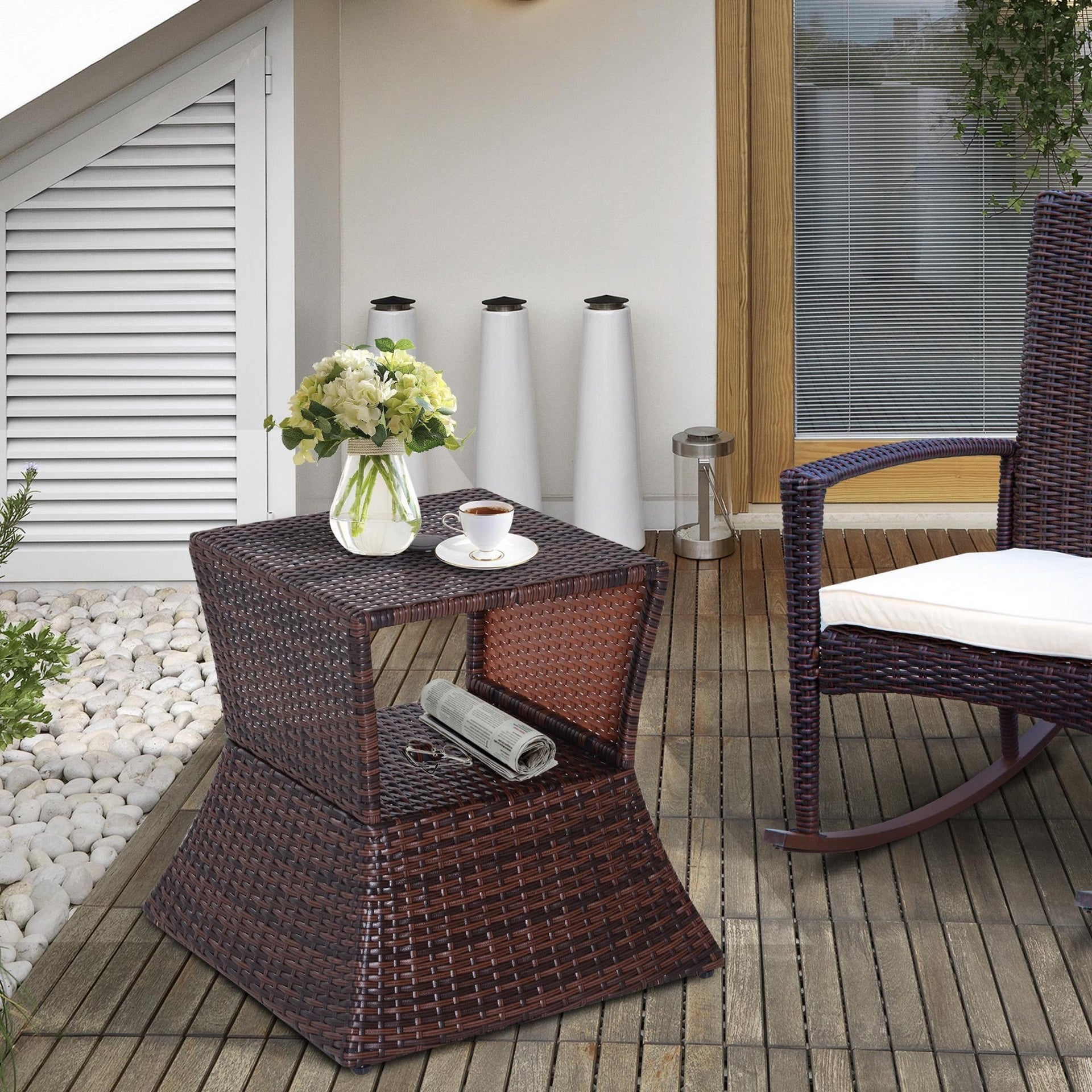 Outsunny Outdoor Side Table with Umbrella Hole, 2 Tier Rattan Wicker End Table with Storage Shelf, All Weather for Outdoor, Patio, Garden, Backyard, Mixed Brown