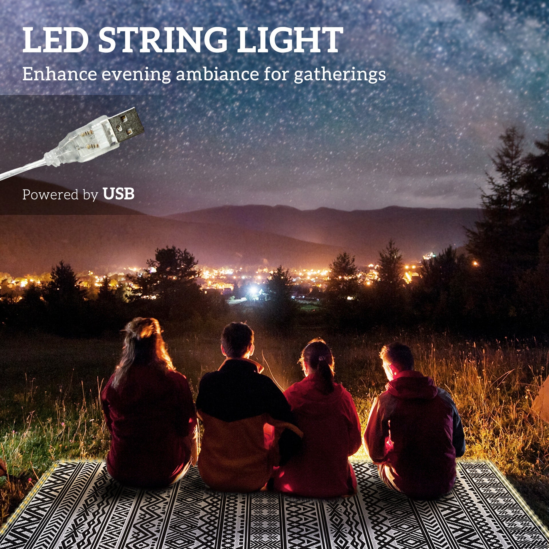 Outsunny Outdoor Rug Carpet with USB Lights Reversible Patio Rug with Carry Bag for Camping 12' x 9'