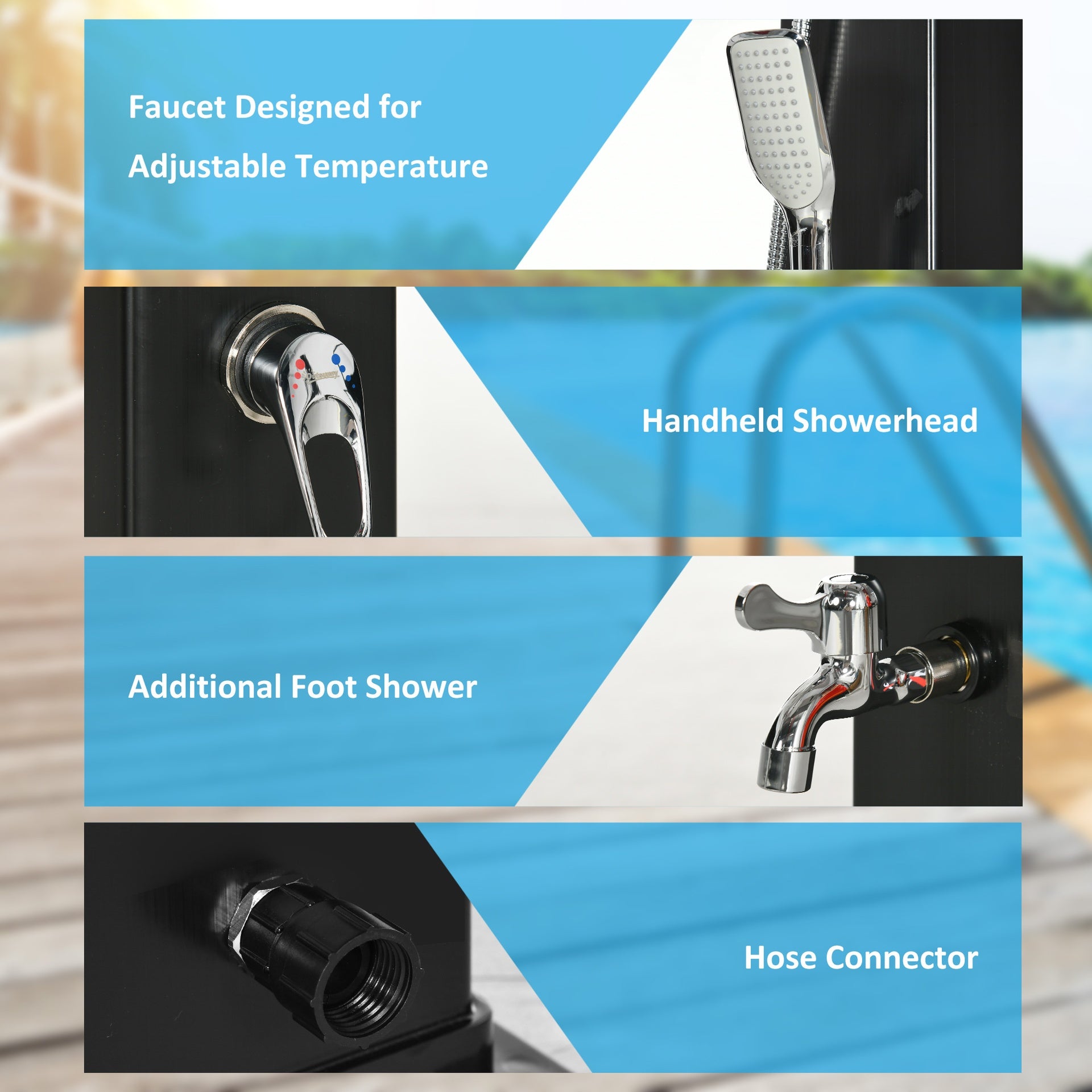 Outsunny 10.6 Gallons Solar Heated Shower with 360 Rotating Rainfall, Handheld Shower Head, Temperature Adjustment & Foot Shower, 2-Section Outdoor Shower for Backyard Poolside Beach Pool Spa, 7ft