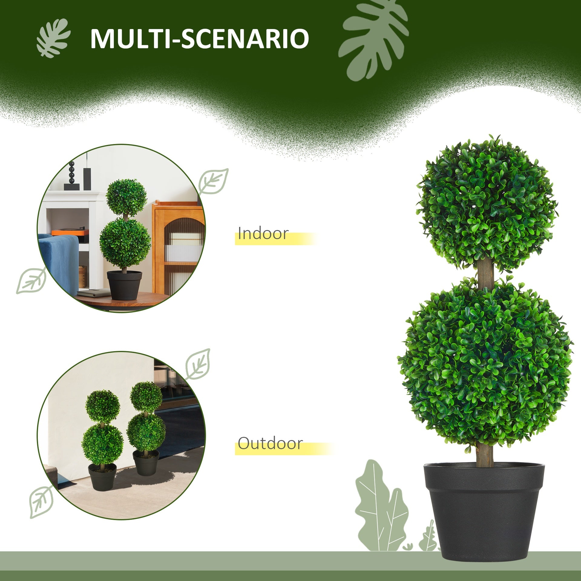 HOMCOM 2 Pcs 23.6" Artificial Boxwood Ball Topiary Tree Set of 2 Fake Plants in Pot with Double Ball-Shaped Leaves Green