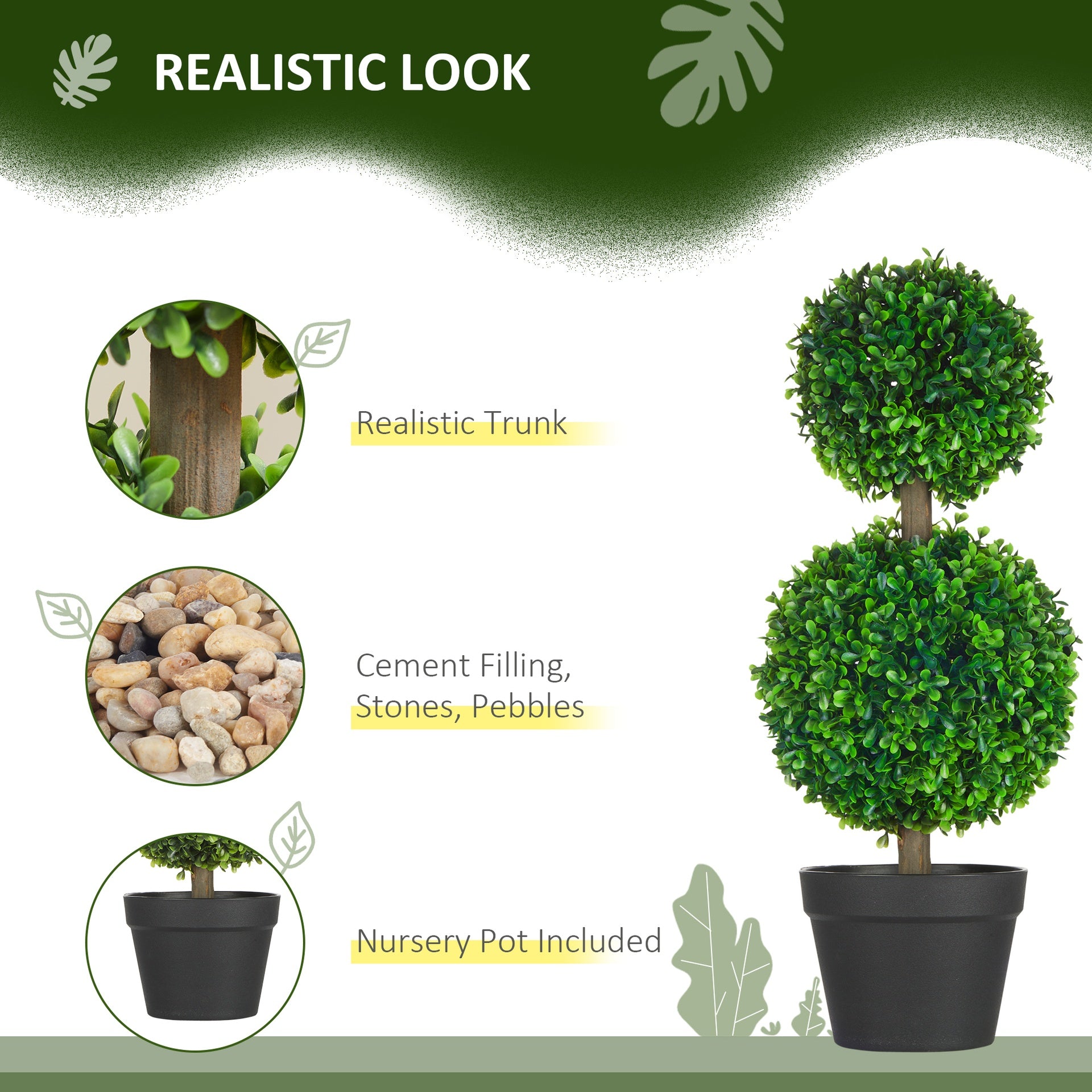 HOMCOM 2 Pcs 23.6" Artificial Boxwood Ball Topiary Tree Set of 2 Fake Plants in Pot with Double Ball-Shaped Leaves Green