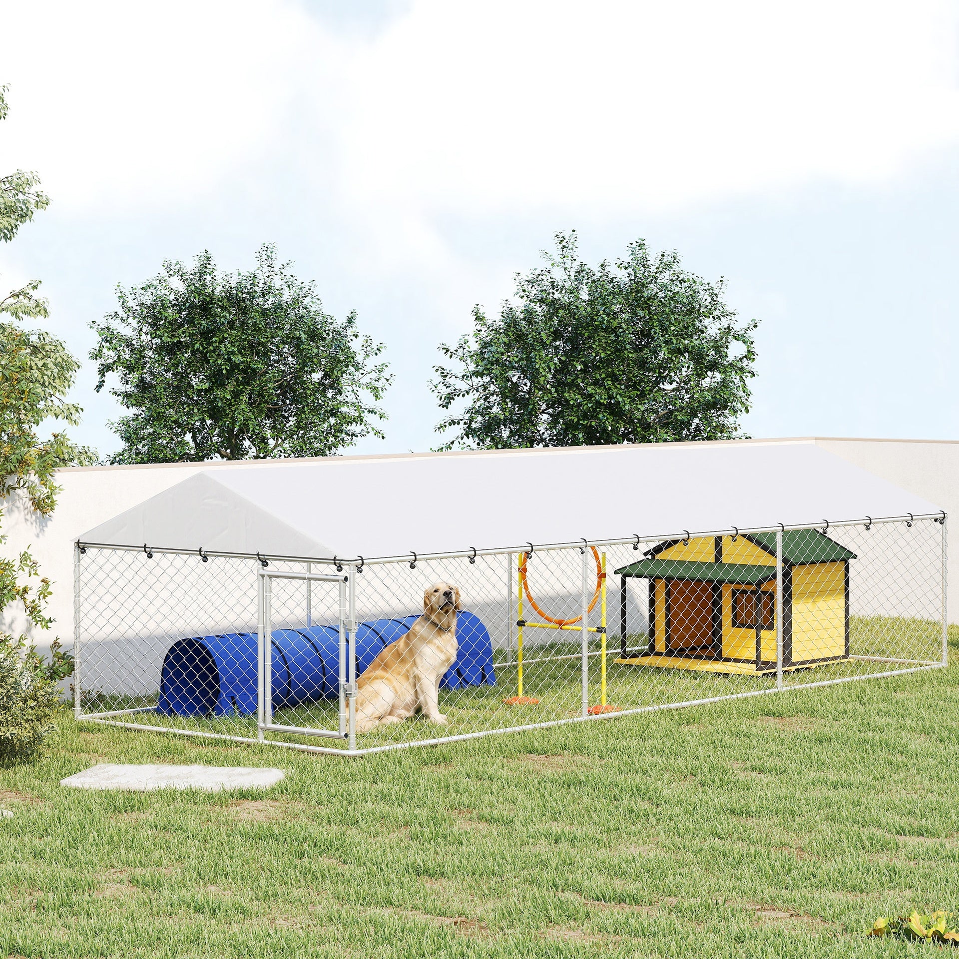 PawHut 20' x 7.5' x 5' Dog Kennel Outdoor for Large Dogs with Waterproof Roof, Silver