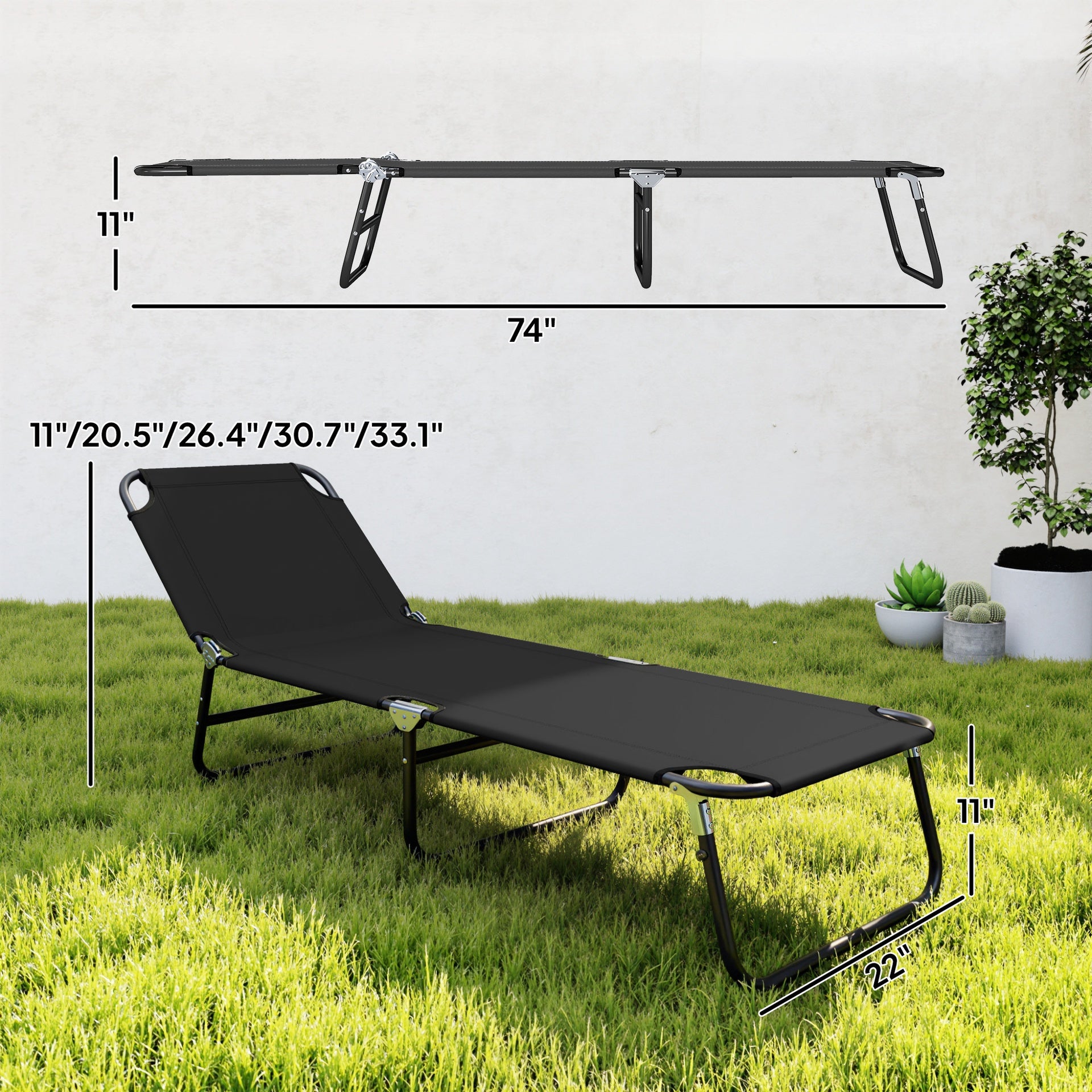 Outsunny Folding Chaise Lounge Pool Chairs, Outdoor Sun Tanning Chairs with 5-Level Reclining Back, Steel Frame for Beach, Yard, Patio, Black