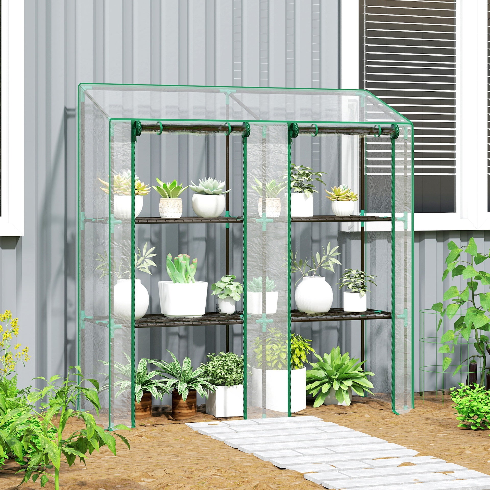 Outsunny Lean-to Greenhouse, Portable Greenhouse with 3 Tier Shelves, 2 Roll-Up Zippered Doors, 56.3" x 18.1" x 59.4", Clear
