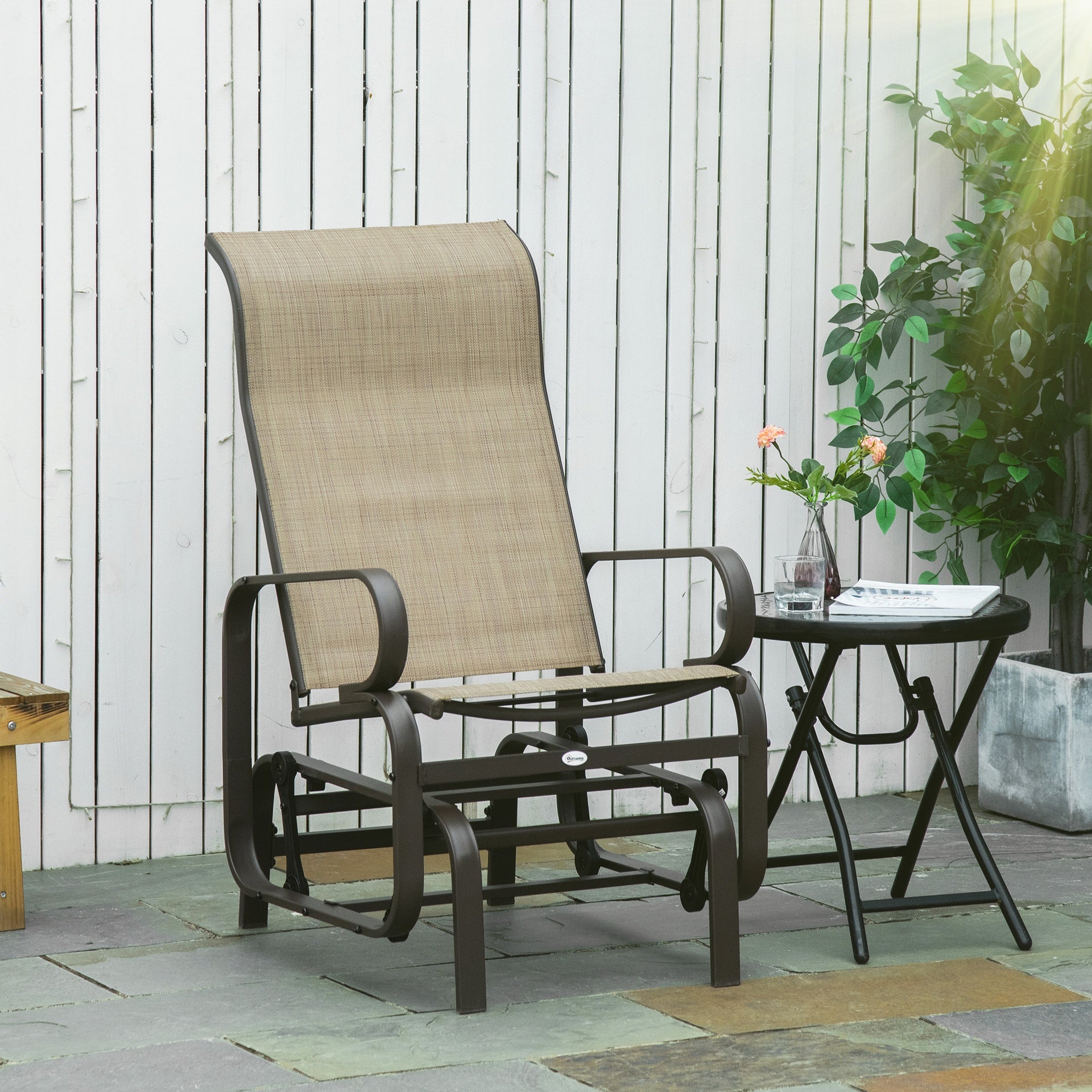 Outsunny Gliding Lounger Chair, Single Rocker with Lightweight Metal & Mesh Construction, Tan