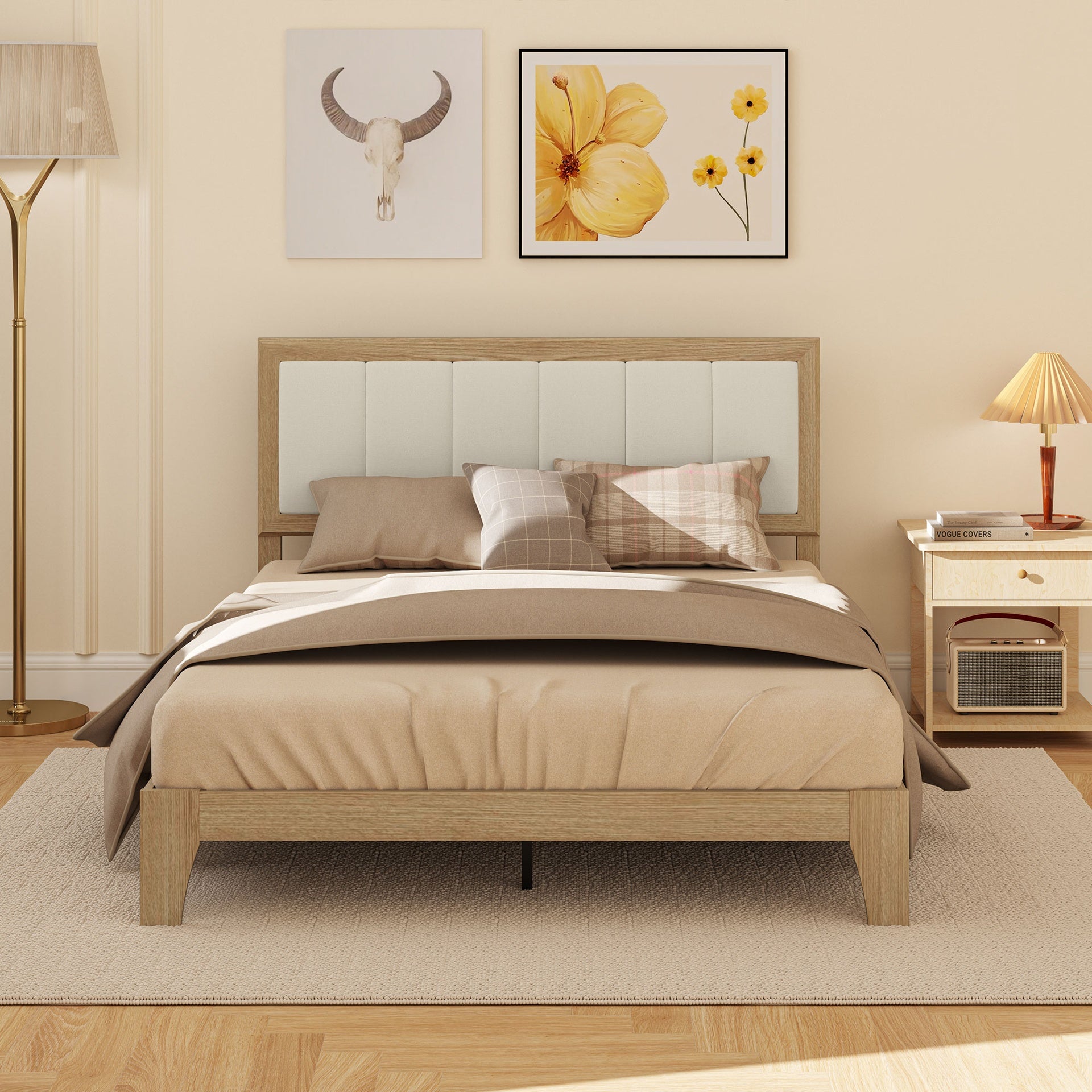 HOMCOM Full Bed Frame with Headboard Full Size Platform Bed Frame with Wooden Slats No Box Spring Needed Easy Assembly Oak