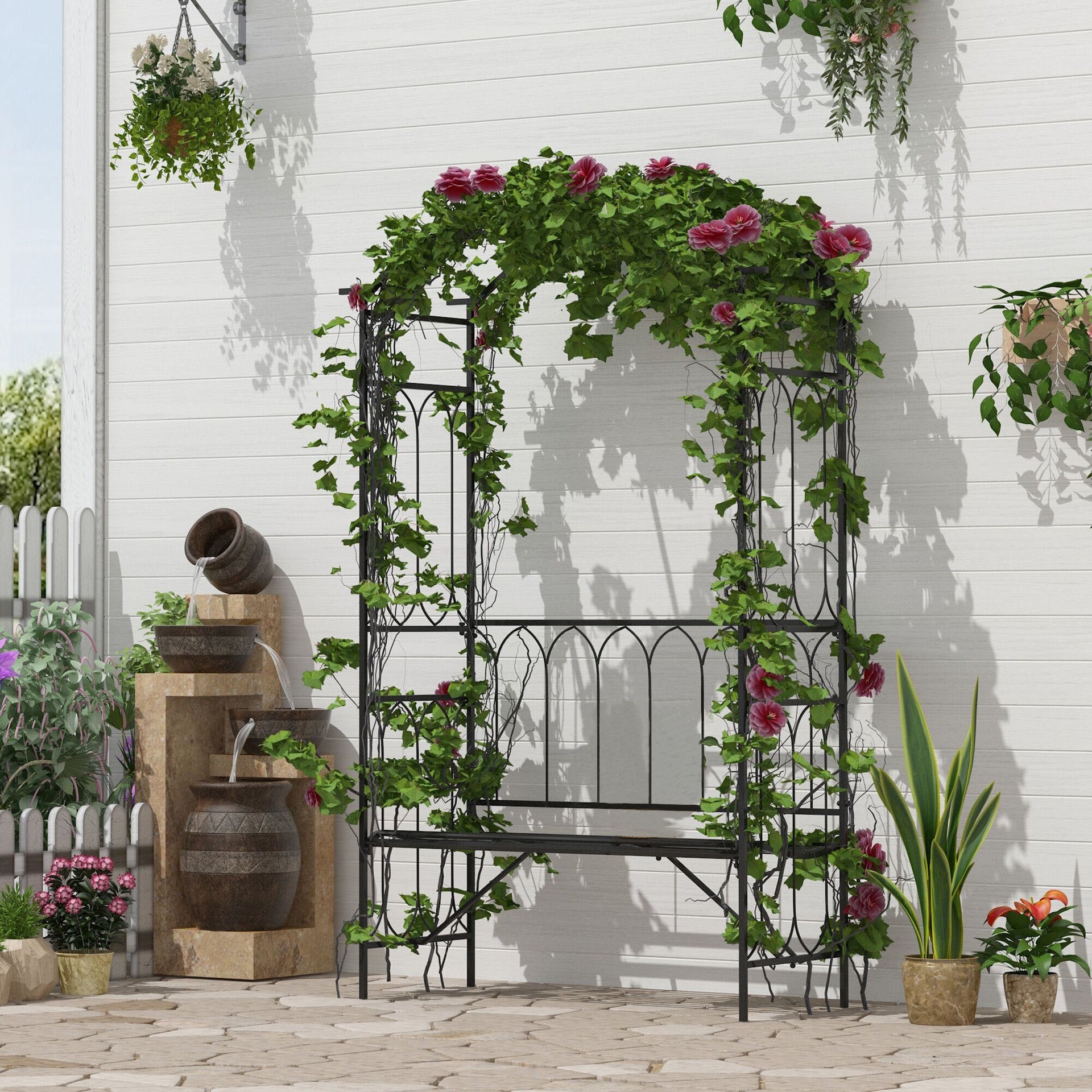 Outsunny Metal Trellis Arbor Arch for Climbing Plants with Garden Bench, Grow Grapes and Vines, Decorative Seating,  Black
