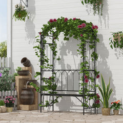 Outsunny Metal Trellis Arbor Arch for Climbing Plants with Garden Bench, Grow Grapes and Vines, Decorative Seating,  Black