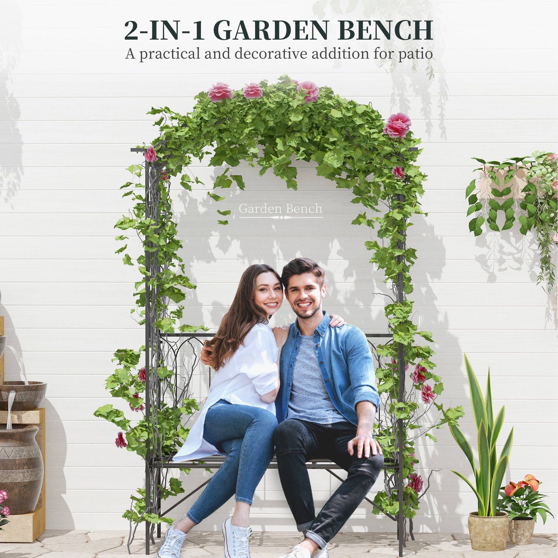 Outsunny Metal Trellis Arbor Arch for Climbing Plants with Garden Bench, Grow Grapes and Vines, Decorative Seating,  Black