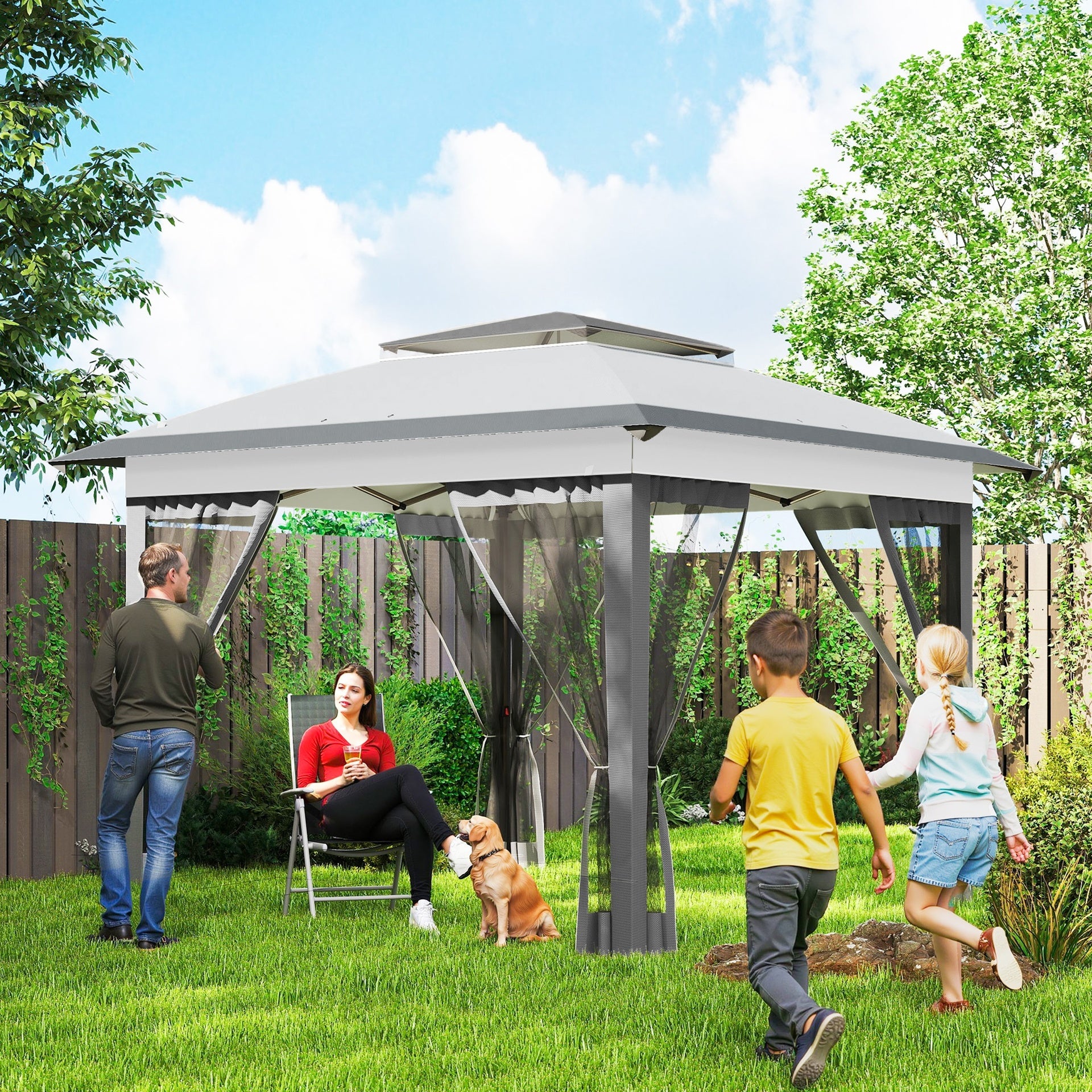Outsunny 12' x 12' Pop Up Canopy Tent with Netting and Carry Bag, Instant Sun Shelter with 137 sq.ft Shade, Tents for Parties, Height Adjustable, for Outdoor, Garden, Patio, Gray
