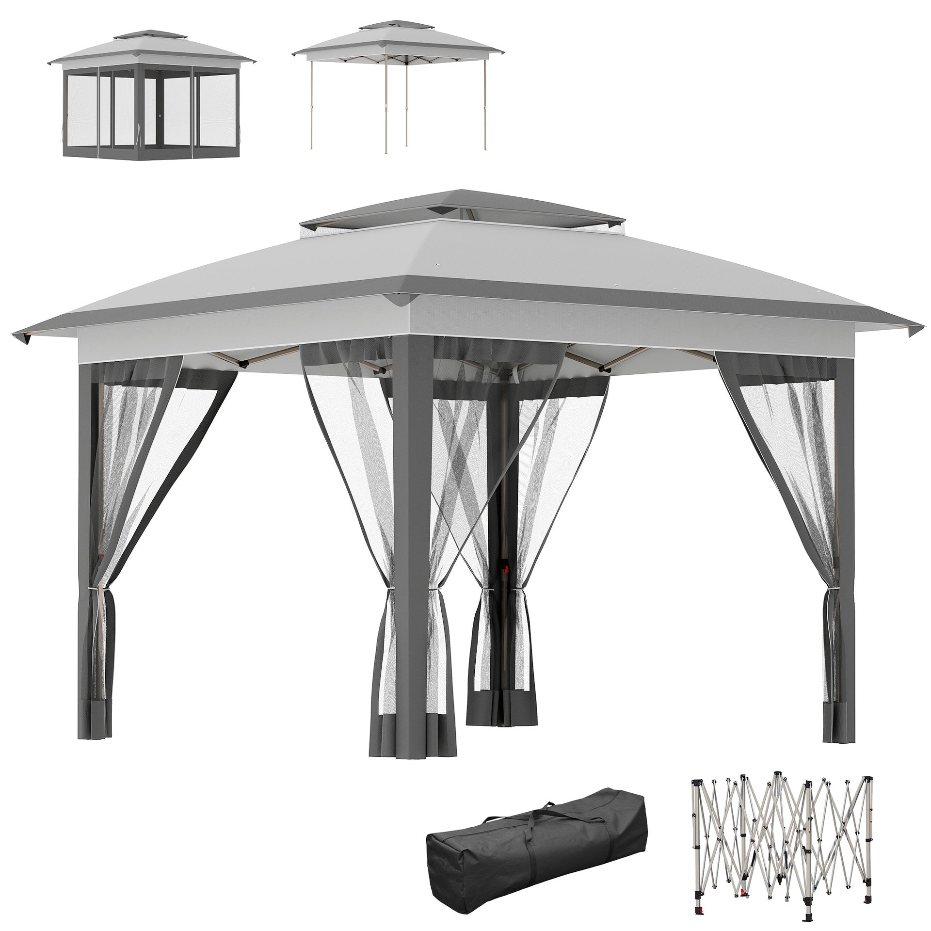 Outsunny 12' x 12' Pop Up Canopy Tent with Netting and Carry Bag, Instant Sun Shelter with 137 sq.ft Shade, Tents for Parties, Height Adjustable, for Outdoor, Garden, Patio, Gray