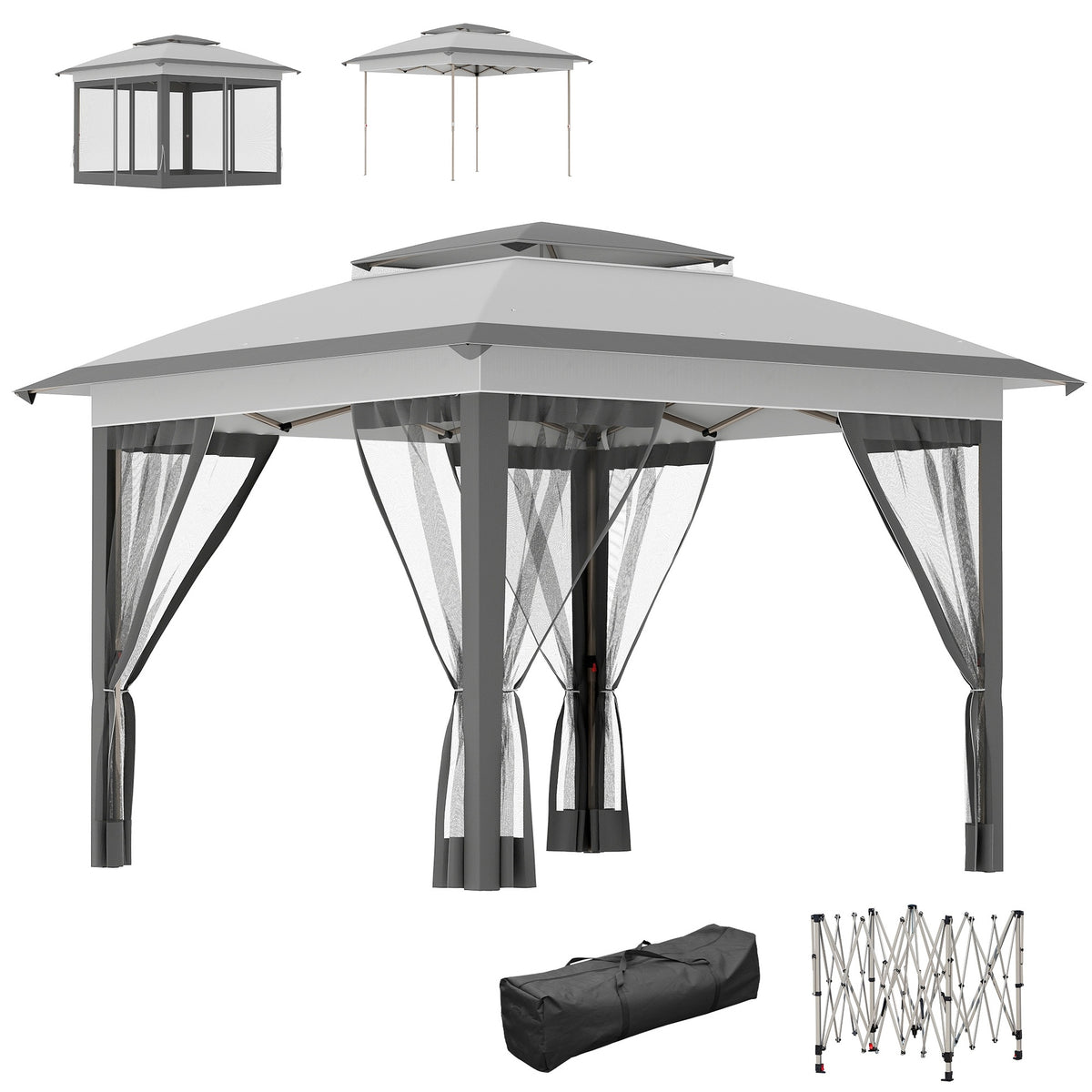Outsunny 12' x 12' Pop Up Canopy Tent with Netting and Carry Bag, Instant Sun Shelter with 137 sq.ft Shade, Tents for Parties, Height Adjustable, for Outdoor, Garden, Patio, Gray