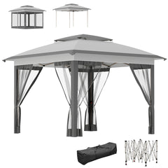 Outsunny 12' x 12' Pop Up Canopy Tent with Netting and Carry Bag, Instant Sun Shelter with 137 sq.ft Shade, Tents for Parties, Height Adjustable, for Outdoor, Garden, Patio, Gray