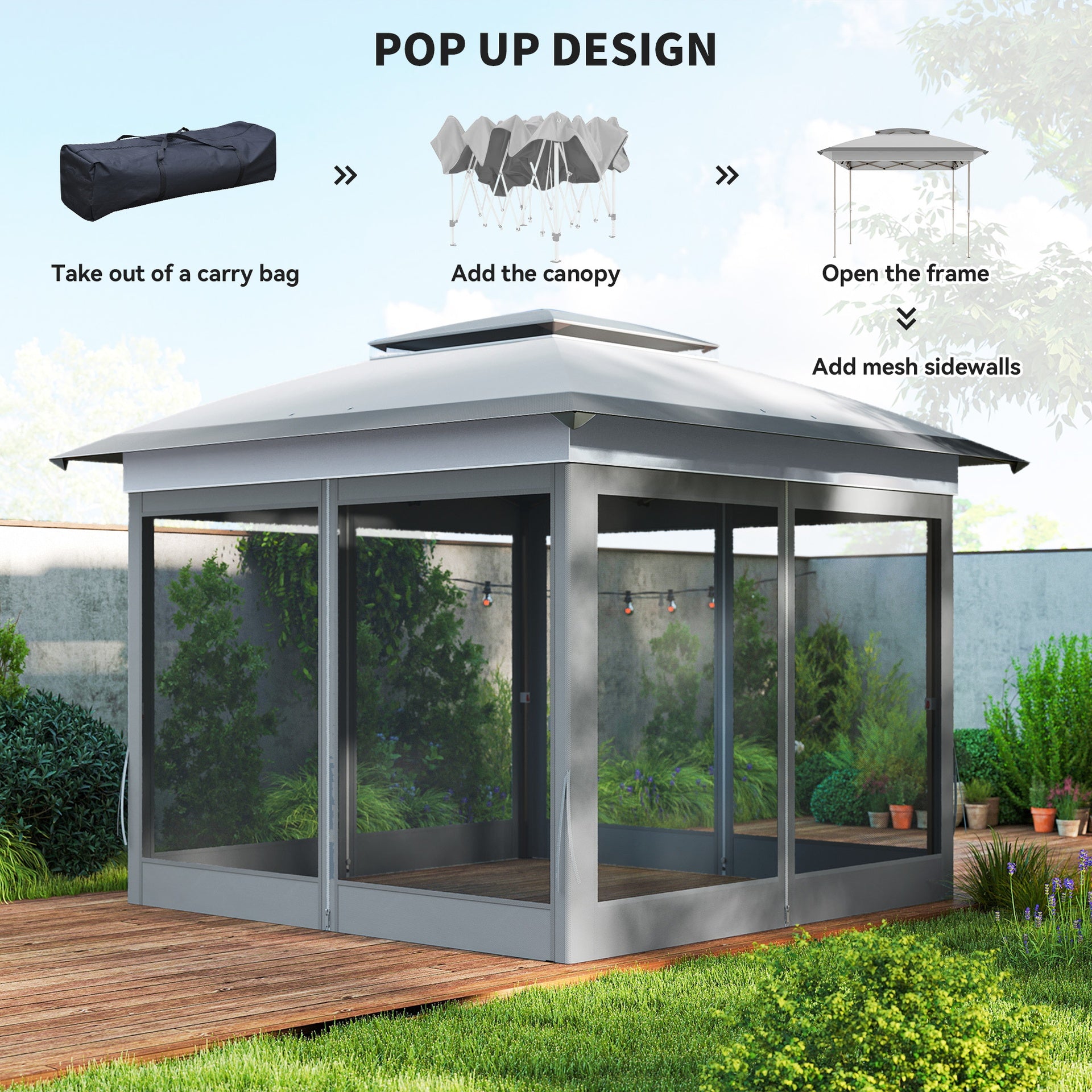 Outsunny 12' x 12' Pop Up Canopy Tent with Netting and Carry Bag, Instant Sun Shelter with 137 sq.ft Shade, Tents for Parties, Height Adjustable, for Outdoor, Garden, Patio, Gray