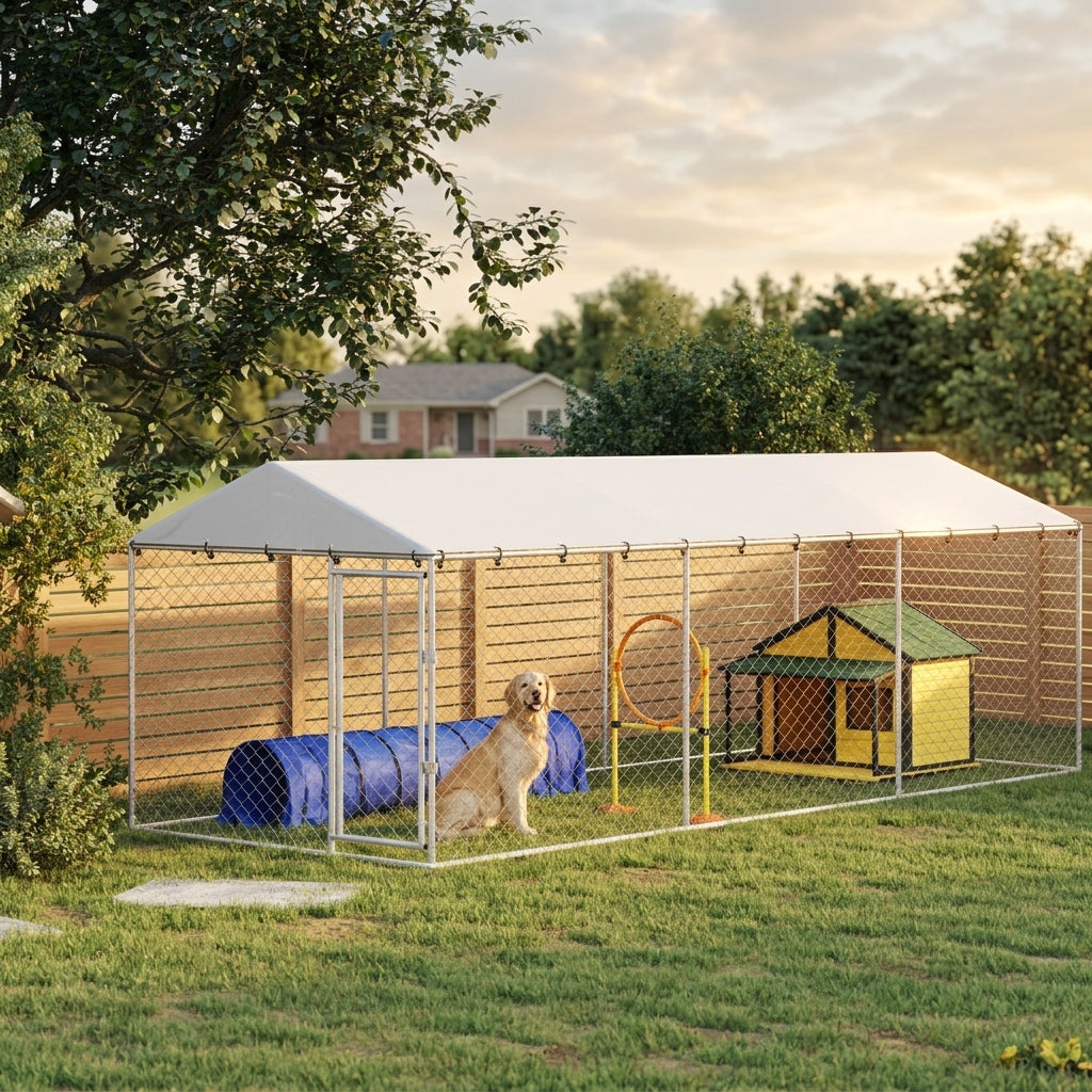 PawHut 20' x 7.5' x 6.5' Dog Kennel Outdoor for Small Medium Large Dogs with Waterproof Roof, Silver