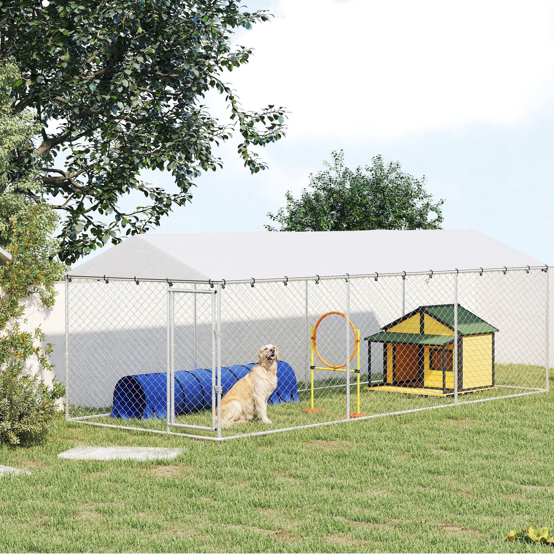 PawHut 20' x 7.5' x 6.5' Dog Kennel Outdoor for Small Medium Large Dogs with Waterproof Roof, Silver