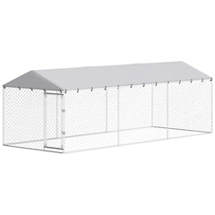 PawHut 20' x 7.5' x 6.5' Dog Kennel Outdoor for Small Medium Large Dogs with Waterproof Roof, Silver