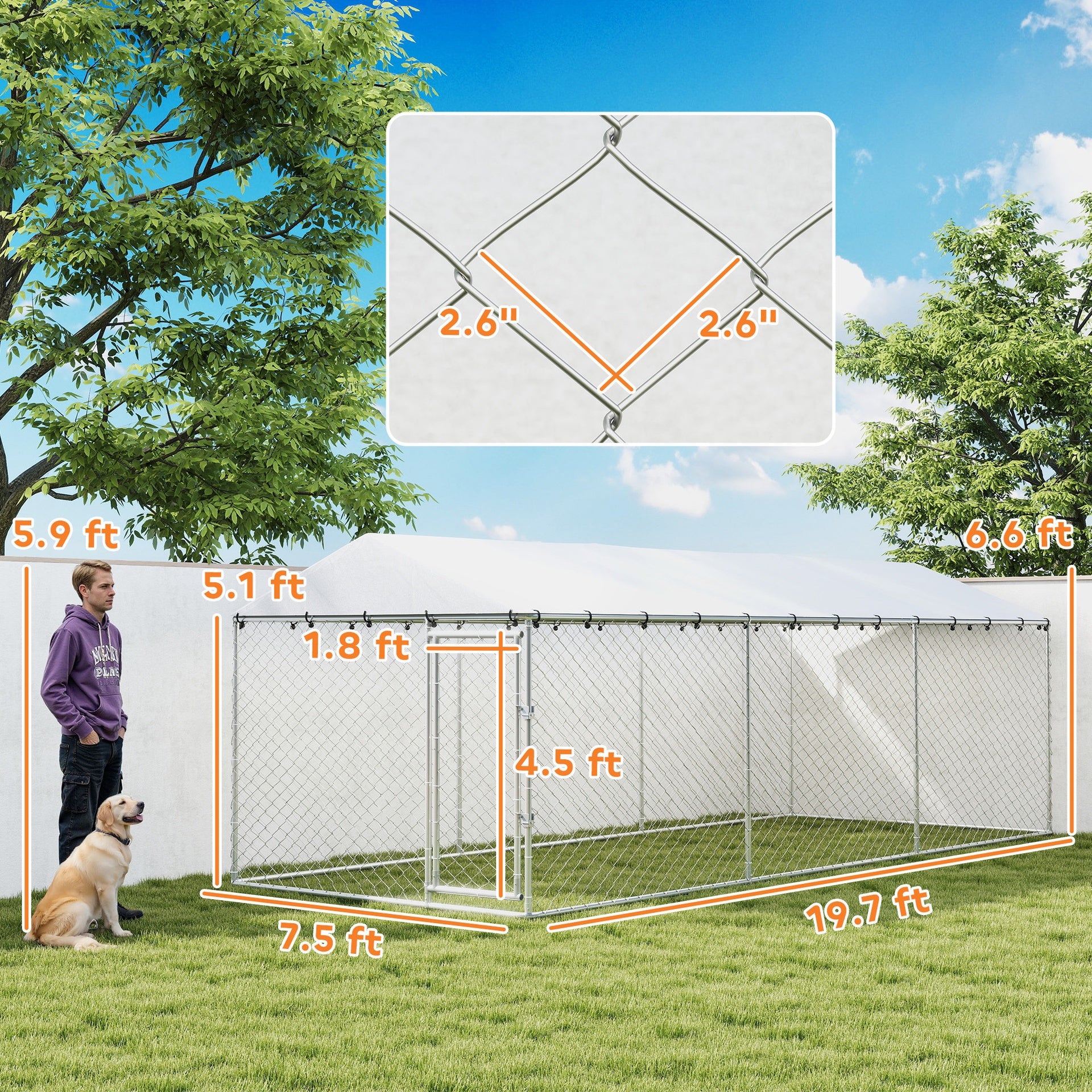 PawHut 20' x 7.5' x 6.5' Dog Kennel Outdoor for Small Medium Large Dogs with Waterproof Roof, Silver