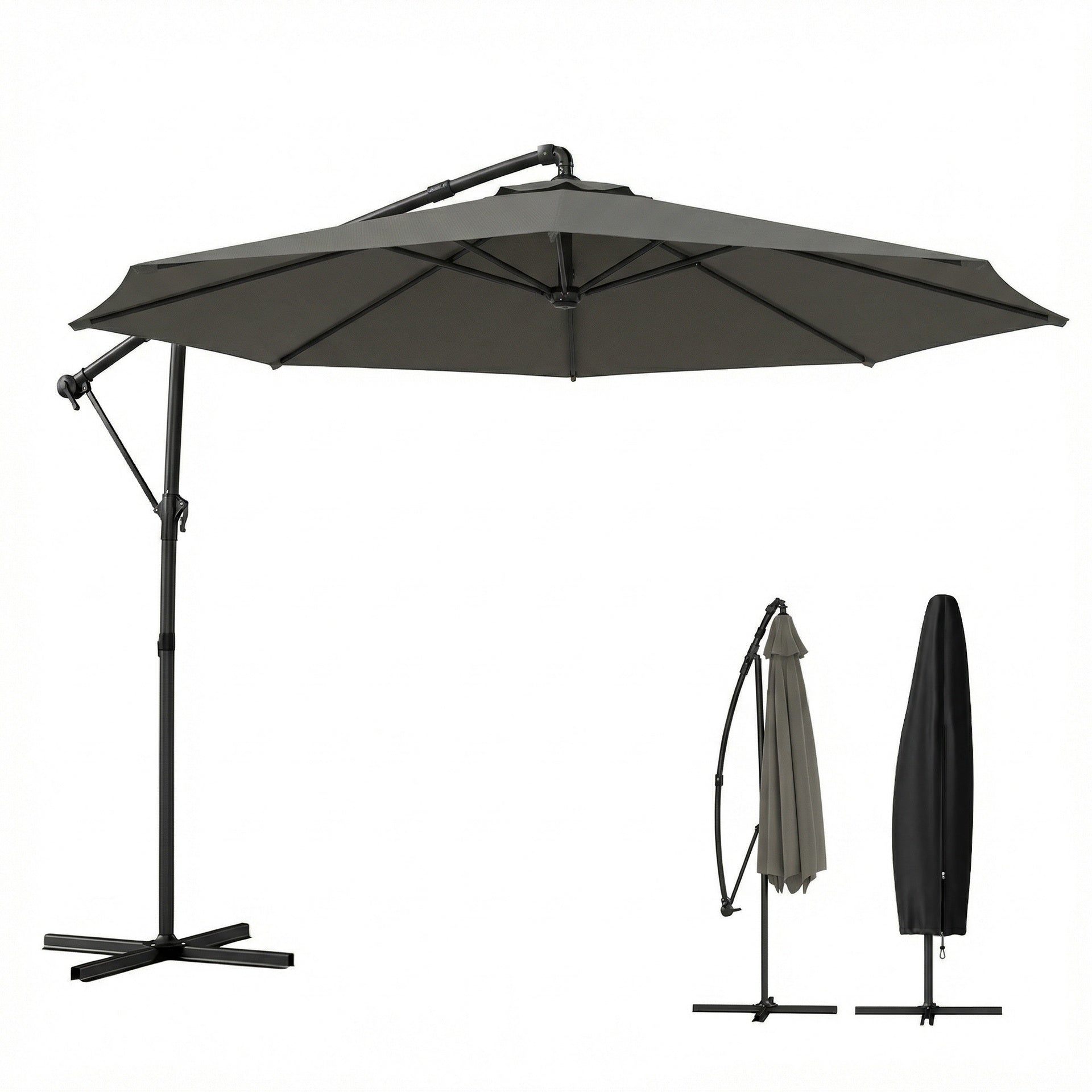 Outsunny 10 ft Offset Patio Umbrella with Cover, Hanging Cantilever Umbrella with 360° Rotation, Crank Handle, Tilt, Gray