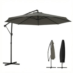 Outsunny 10 ft Offset Patio Umbrella with Cover, Hanging Cantilever Umbrella with 360° Rotation, Crank Handle, Tilt, Gray