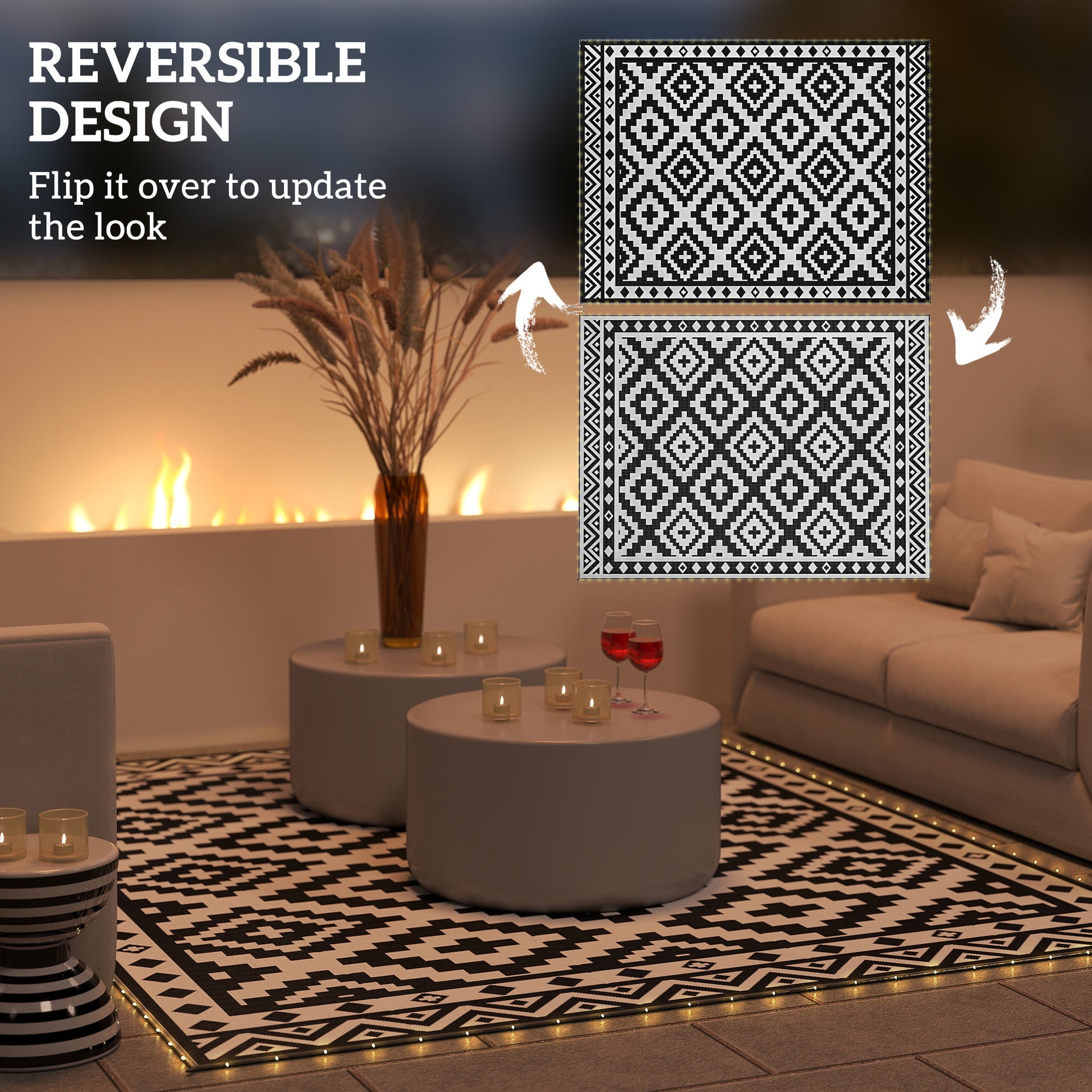 Outsunny Outdoor Rug Carpet Reversible Plastic Straw Rug with LED Lights Black and White 12' x 9' for Patio