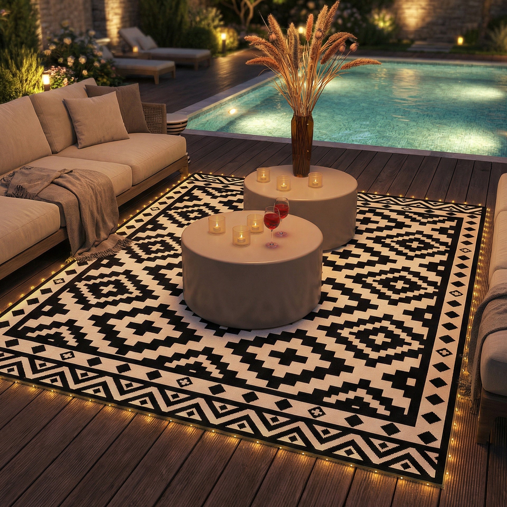Outsunny Outdoor Rug Carpet Reversible Plastic Straw Rug with LED Lights Black and White 12' x 9' for Patio