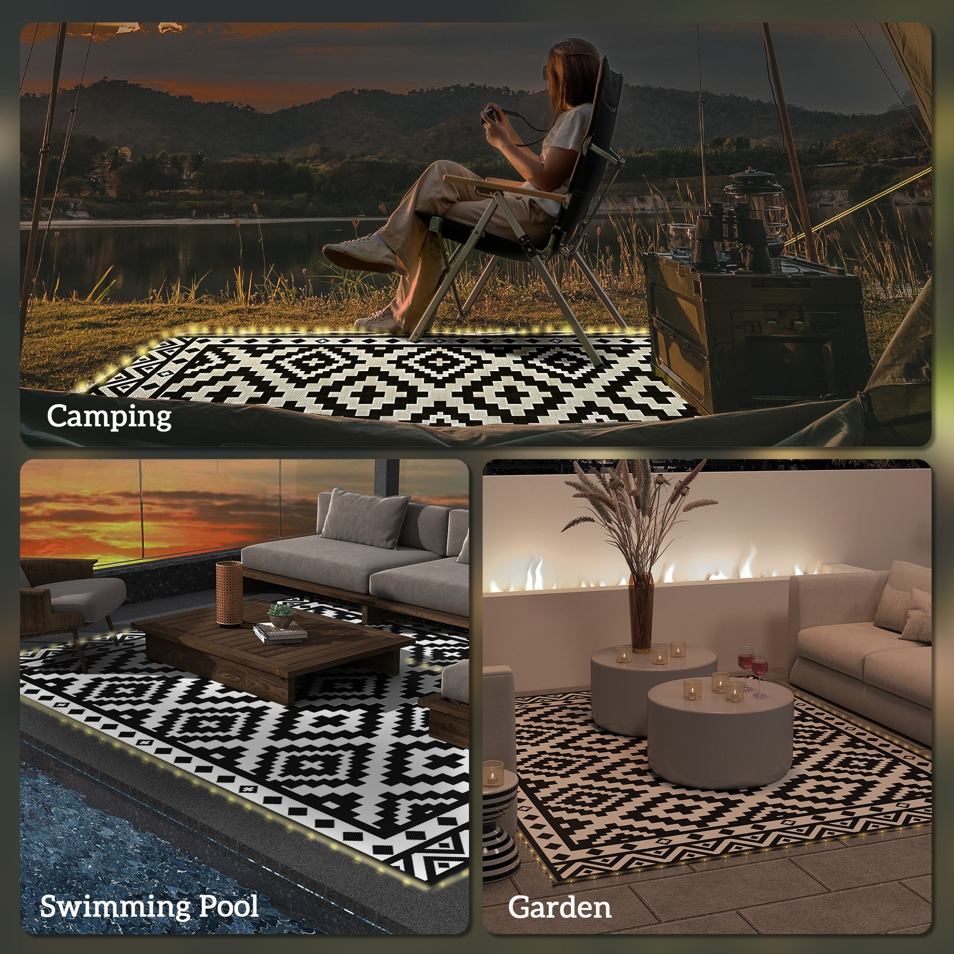 Outsunny Outdoor Rug Carpet Reversible Plastic Straw Rug with LED Lights Black and White 12' x 9' for Patio
