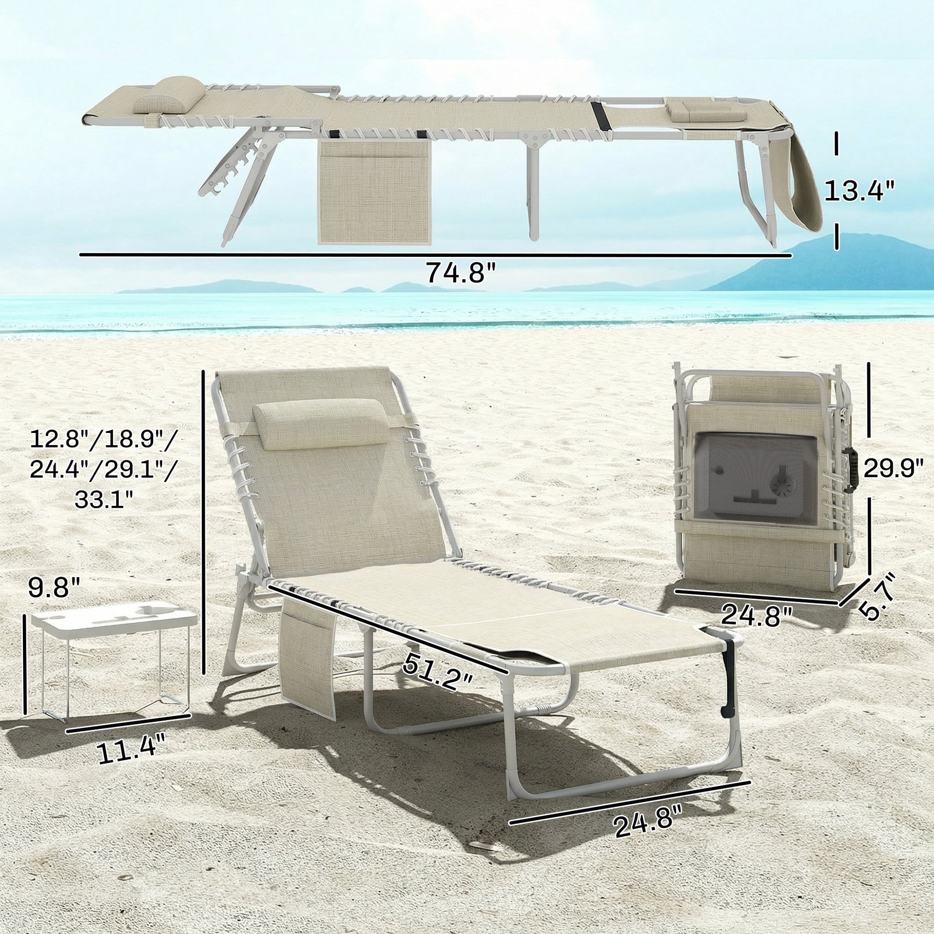 Outsunny Tanning Chair with Face Hole and Side Table, 5-Position Folding Outdoor Chaise Lounge Chair, Beige
