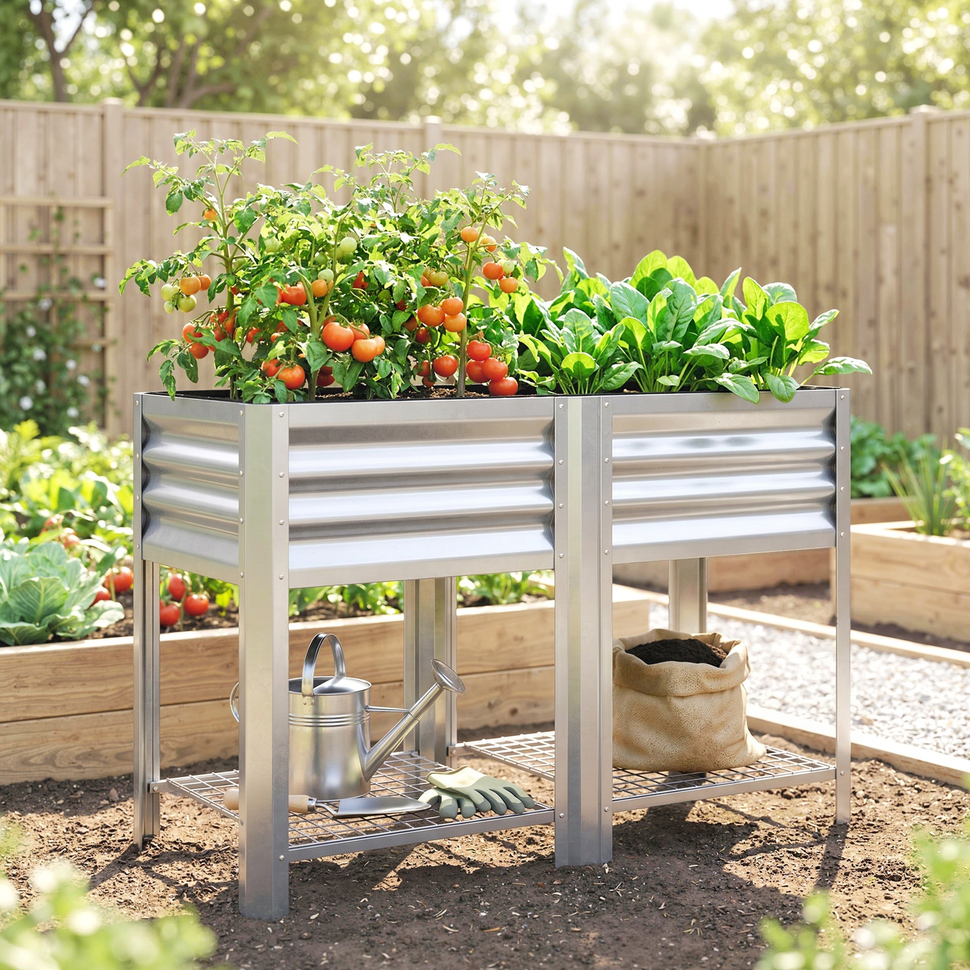 Outsunny Raised Garden Bed Galvanized Steel, Elevated Planter Box with Storage Shelf, Bed Liner, 31.5" High, Silver