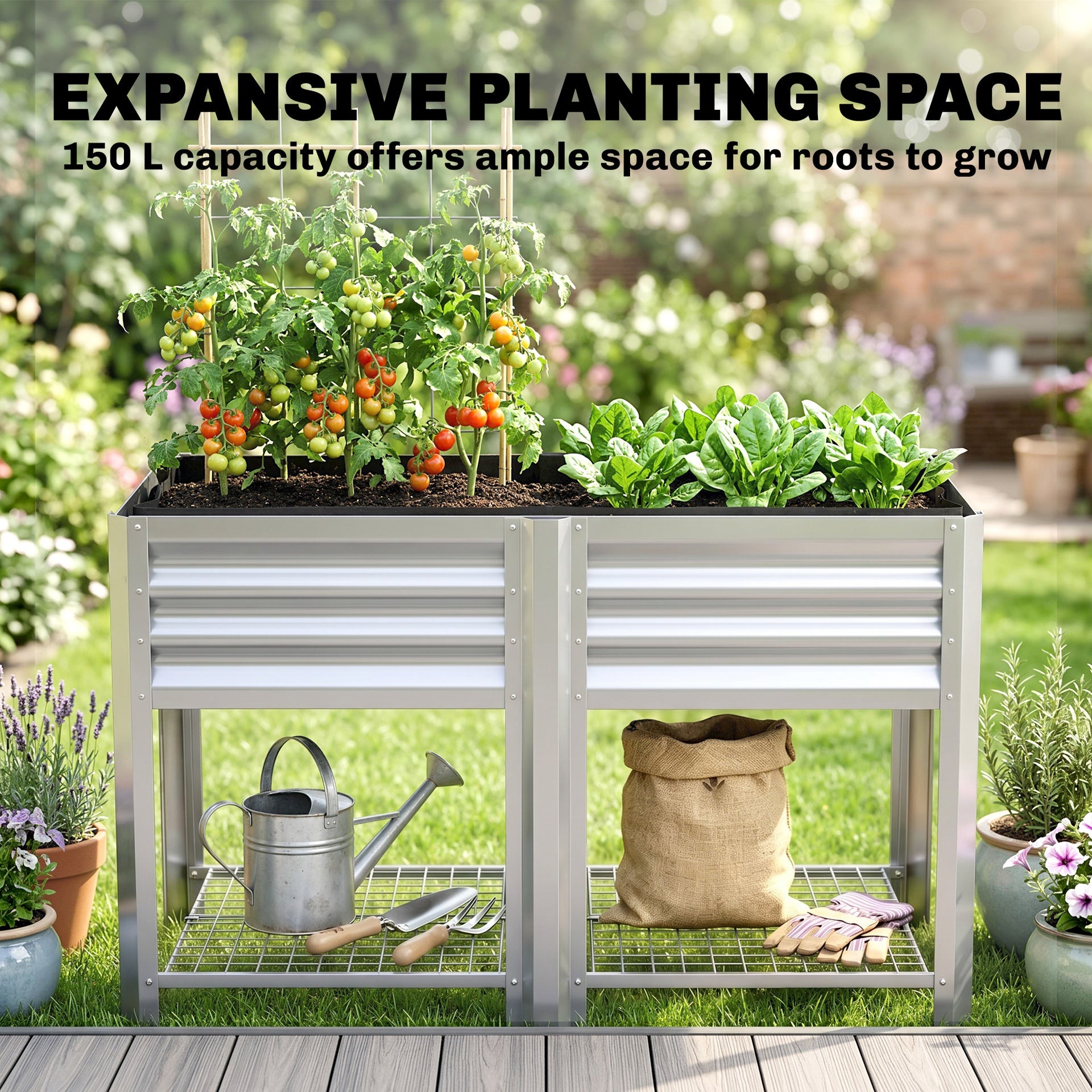 Outsunny Raised Garden Bed Galvanized Steel, Elevated Planter Box with Storage Shelf, Bed Liner, 31.5" High, Silver