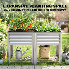 Outsunny Raised Garden Bed Galvanized Steel, Elevated Planter Box with Storage Shelf, Bed Liner, 31.5" High, Silver