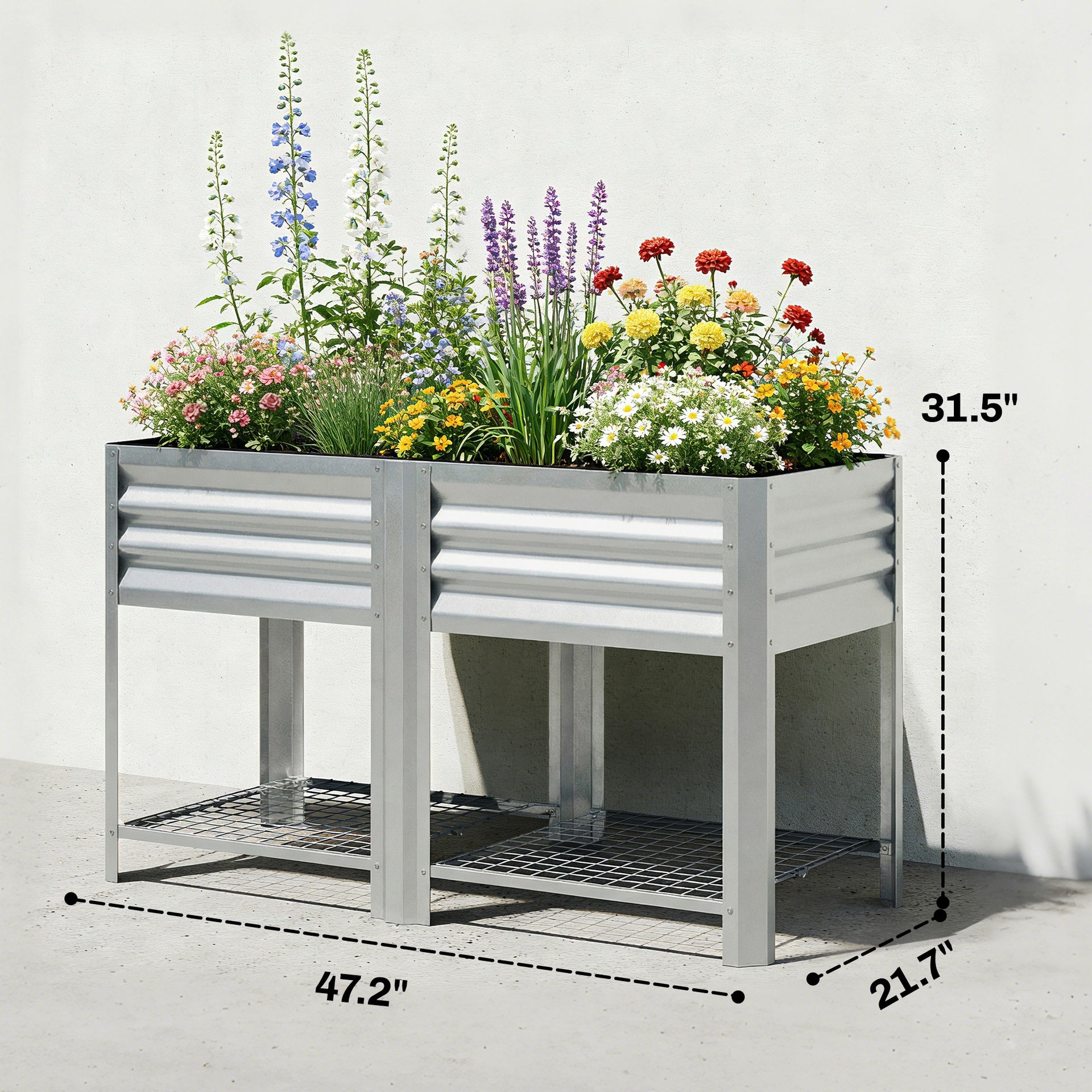 Outsunny Raised Garden Bed Galvanized Steel, Elevated Planter Box with Storage Shelf, Bed Liner, 31.5" High, Silver
