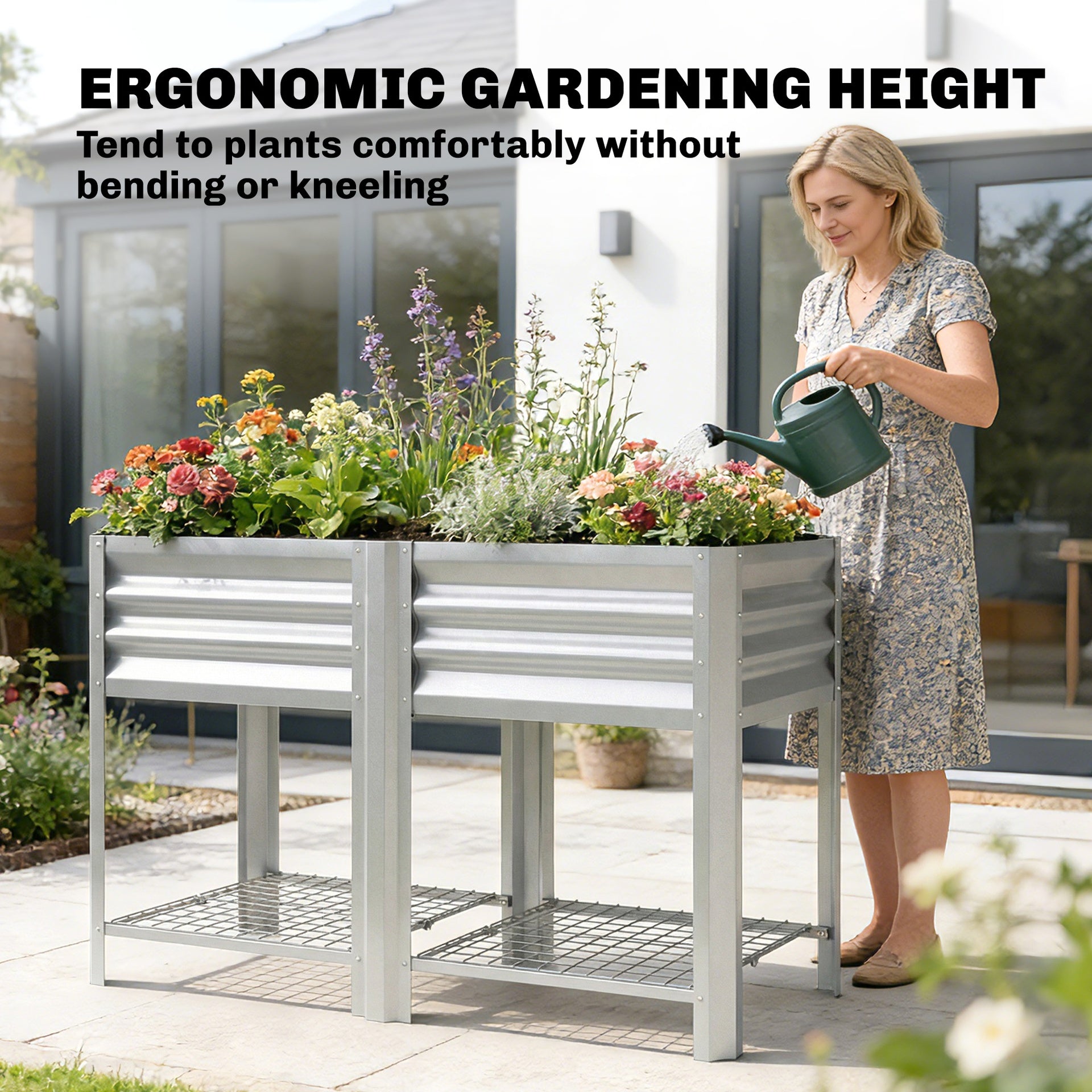 Outsunny Raised Garden Bed Galvanized Steel, Elevated Planter Box with Storage Shelf, Bed Liner, 31.5" High, Silver