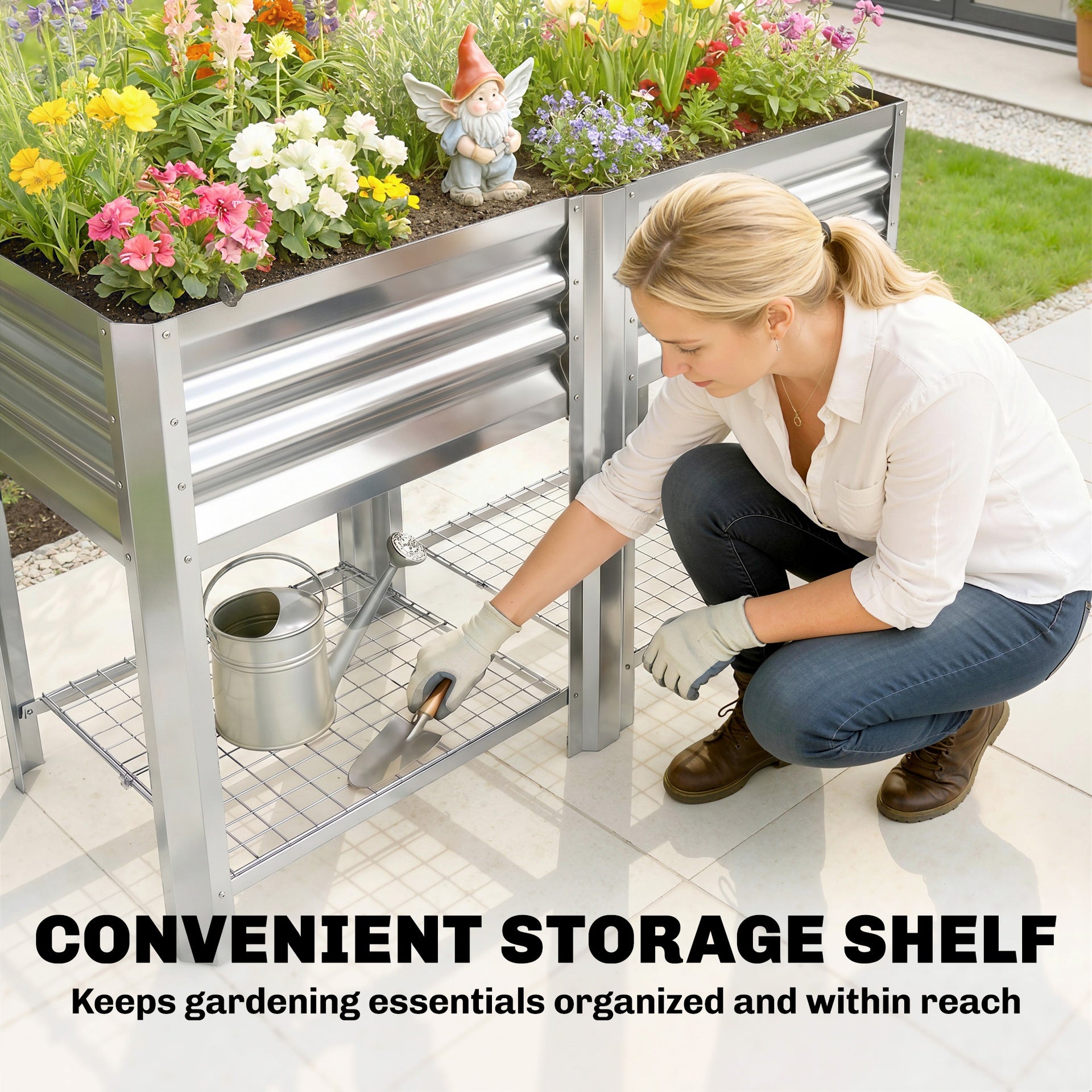 Outsunny Raised Garden Bed Galvanized Steel, Elevated Planter Box with Storage Shelf, Bed Liner, 31.5" High, Silver
