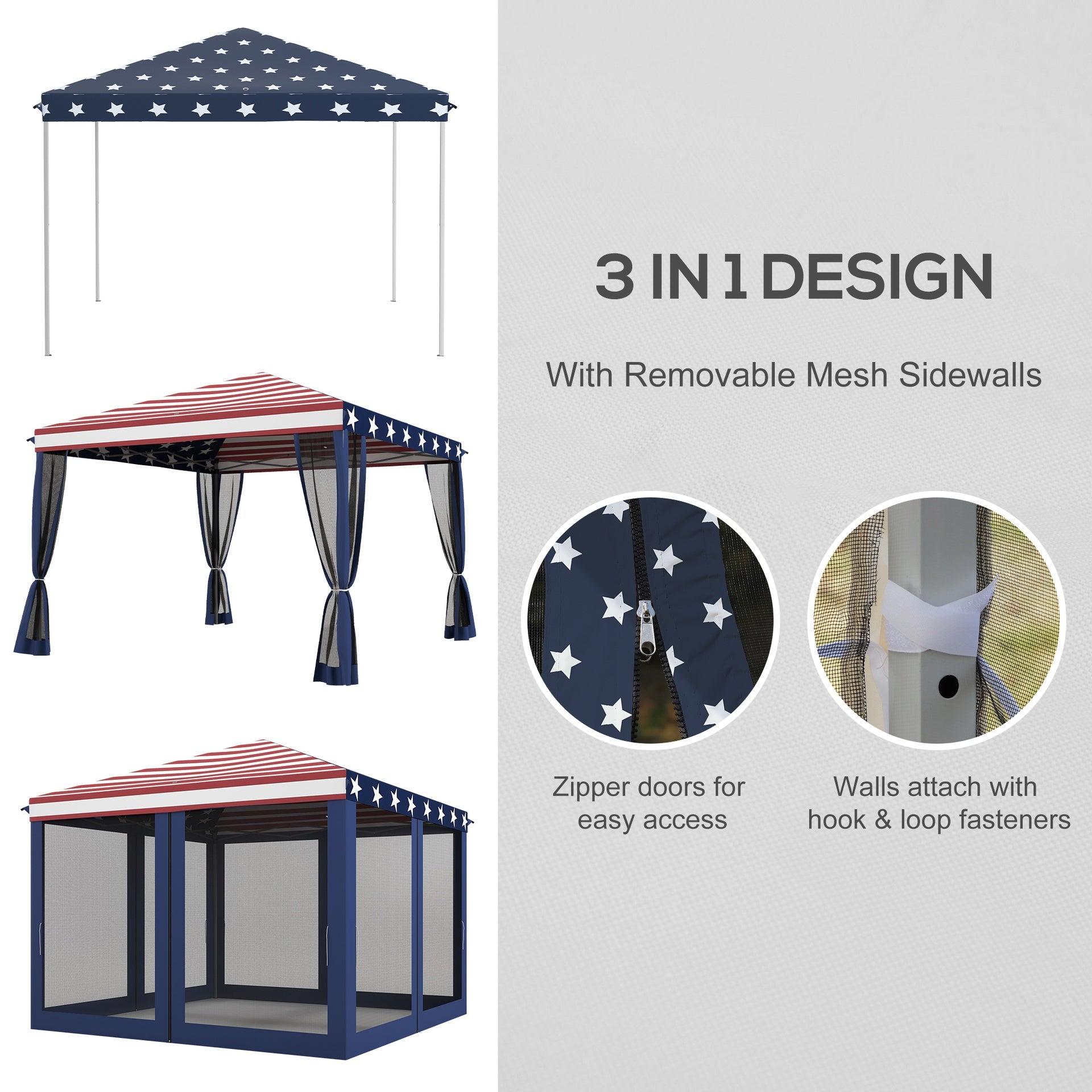 Outsunny 10' x 10' Outdoor Pop-Up Canopy with Sidewalls, Mesh Walls, Instant Setup for Party, Events, Patio, Lawn, American Flag