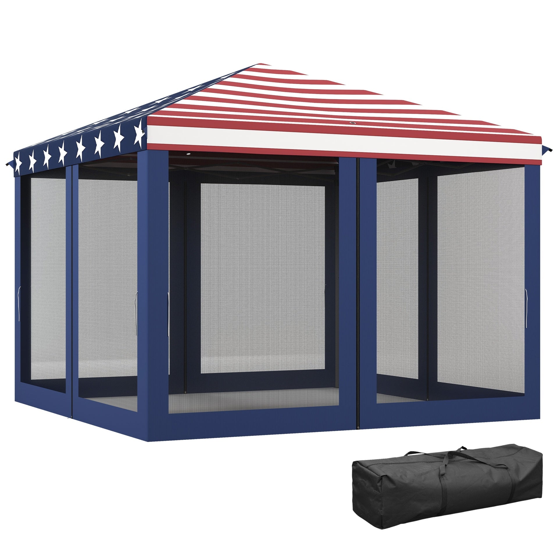 Outsunny 10' x 10' Outdoor Pop-Up Canopy with Sidewalls, Mesh Walls, Instant Setup for Party, Events, Patio, Lawn, American Flag