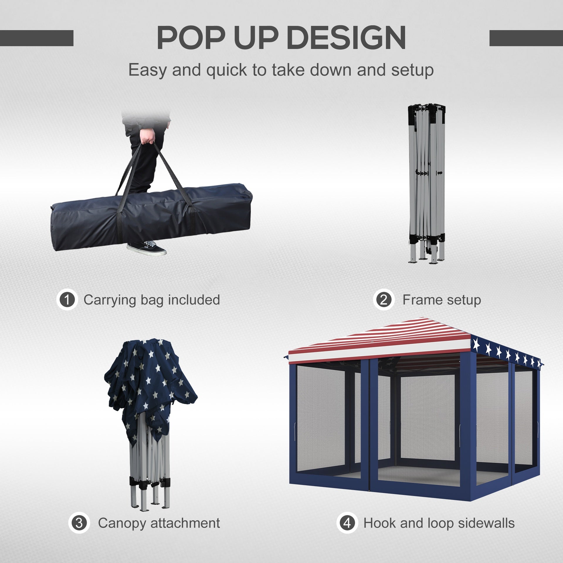 Outsunny 10' x 10' Outdoor Pop-Up Canopy with Sidewalls, Mesh Walls, Instant Setup for Party, Events, Patio, Lawn, American Flag