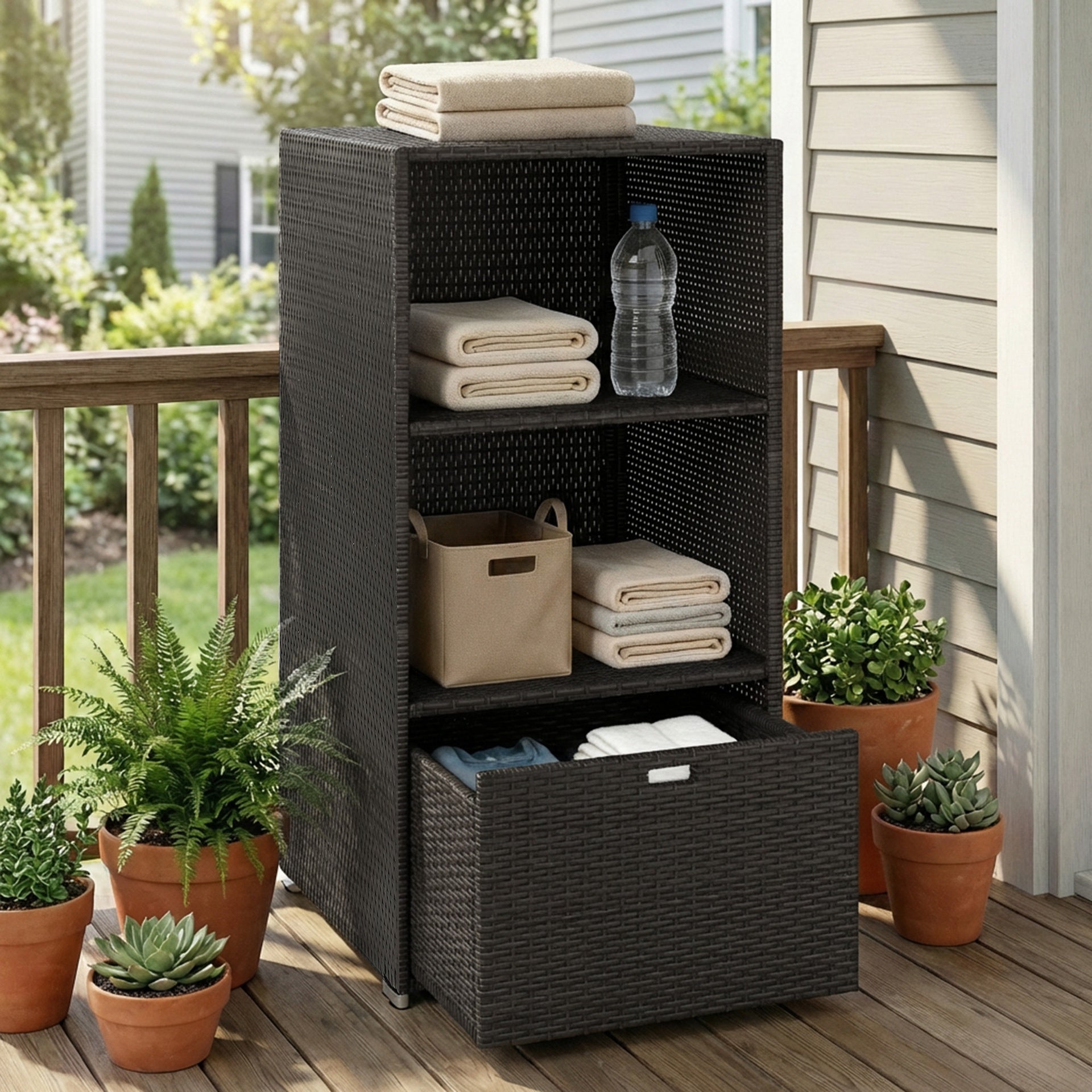 Outsunny Valet Pool Towel Rack, Water-Resistant PE Plastic Rattan Wicker Storage Organizer, 2 Shelves, 1 Basket Drawer