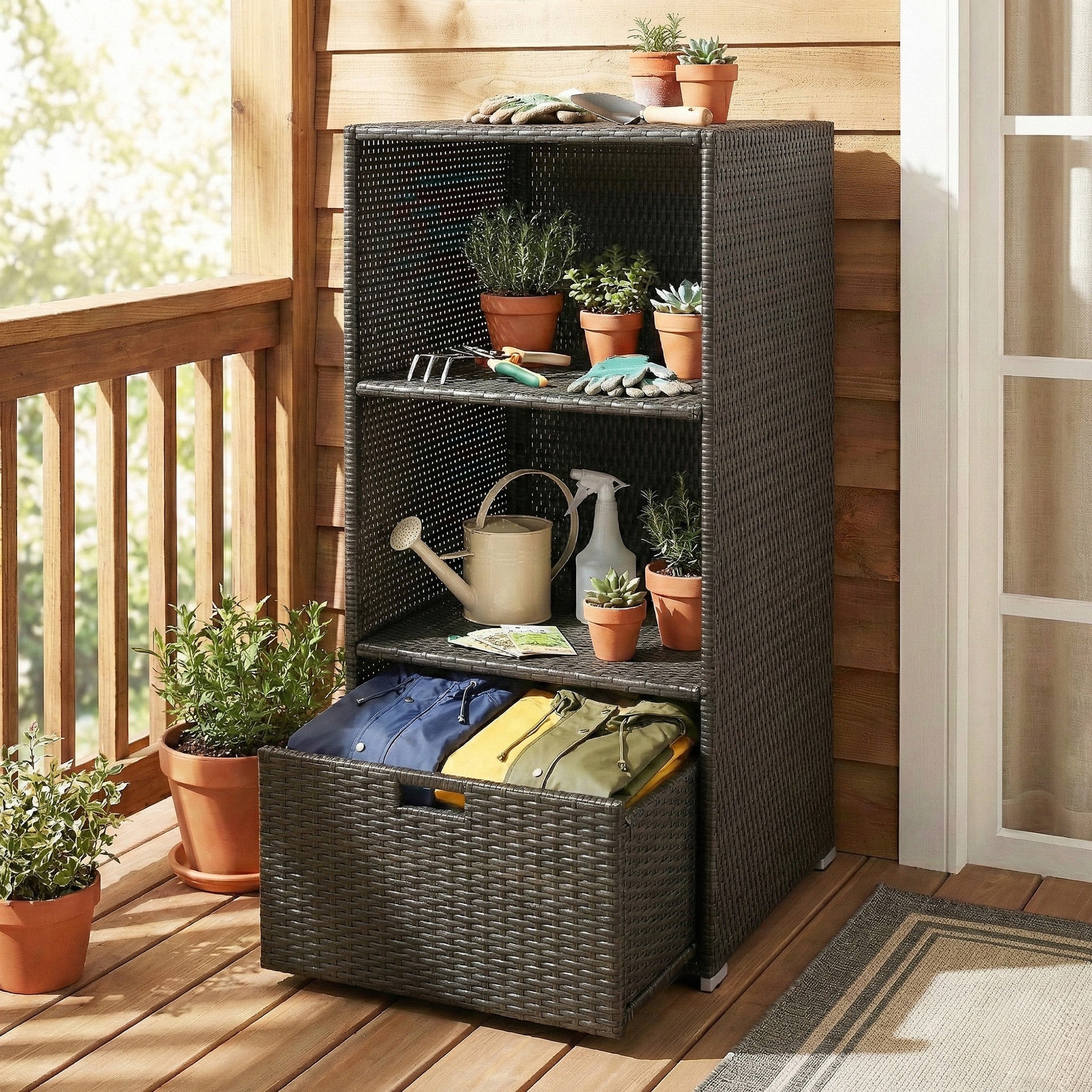 Outsunny Valet Pool Towel Rack, Water-Resistant PE Plastic Rattan Wicker Storage Organizer, 2 Shelves, 1 Basket Drawer