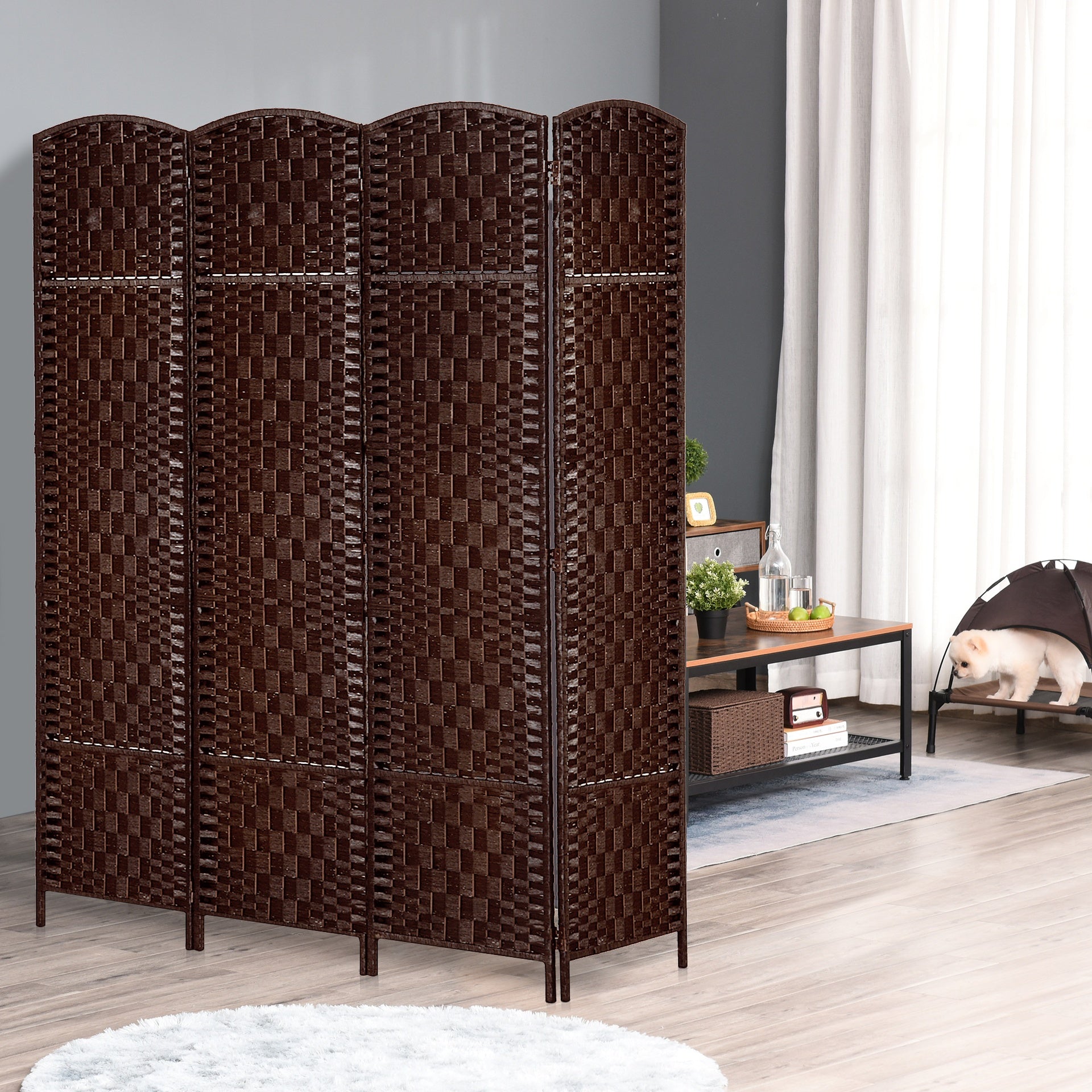 HOMCOM Room Divider 4 Panel, 6FT Tall Folding Privacy Screen, Freestanding Hand-Woven Partition for Room Separation with 360° Hinges, Paper Rope Diamond Weave, Brown