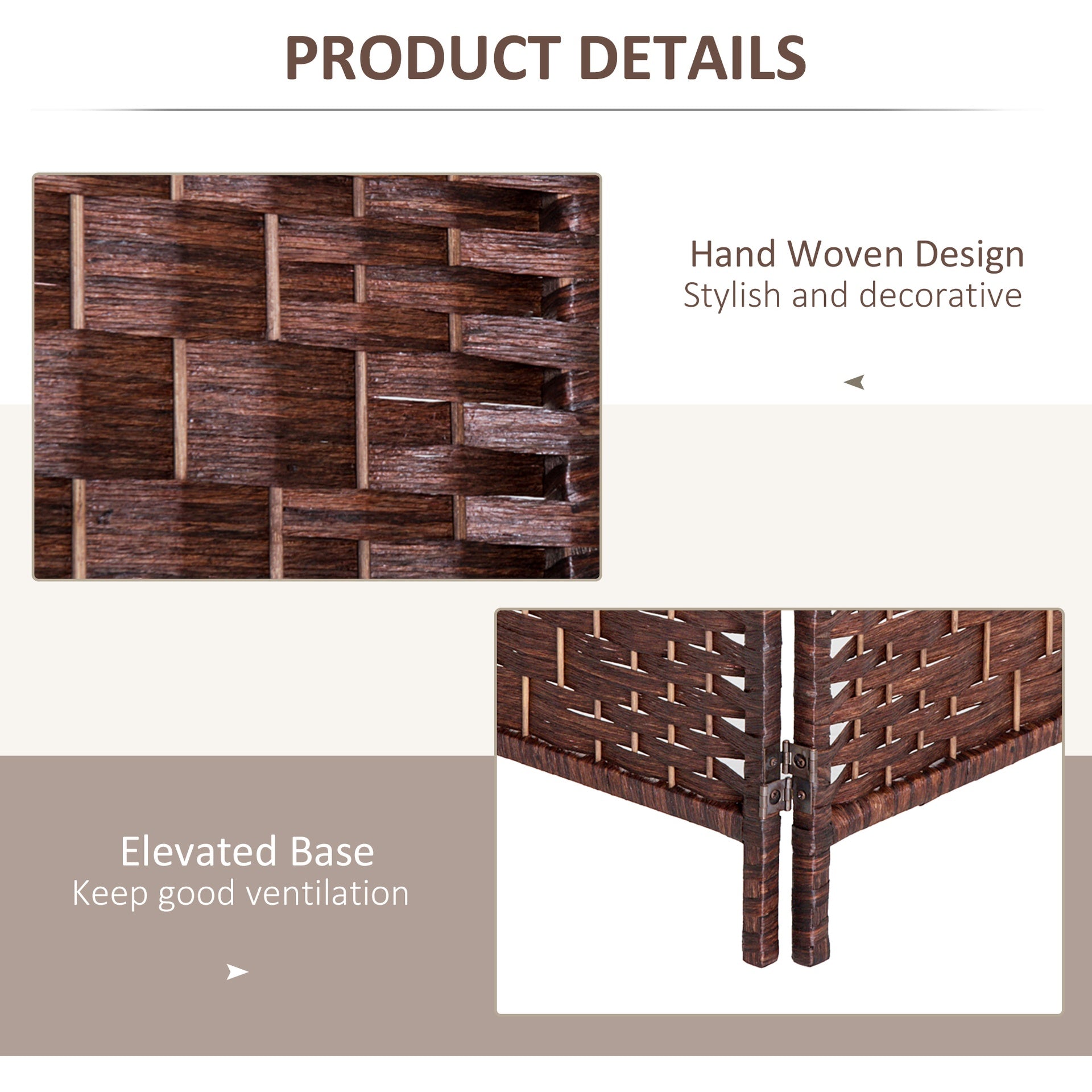 HOMCOM Room Divider 4 Panel, 6FT Tall Folding Privacy Screen, Freestanding Hand-Woven Partition for Room Separation with 360° Hinges, Paper Rope Diamond Weave, Brown