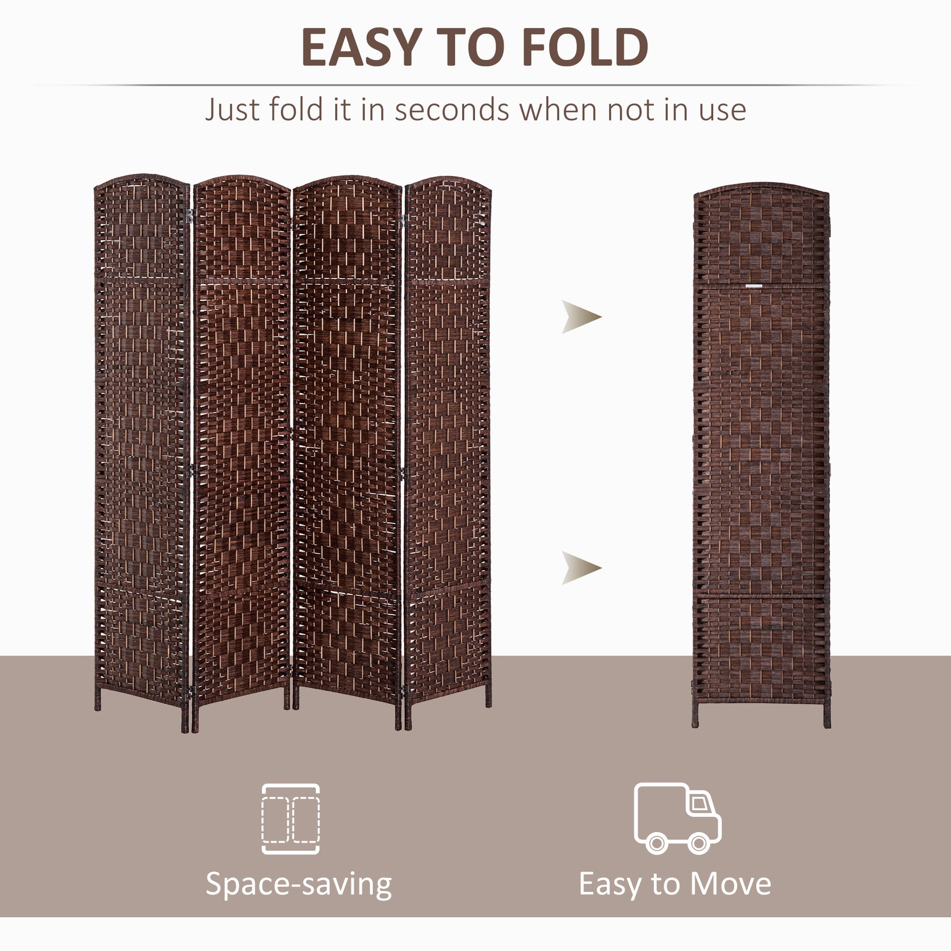 HOMCOM Room Divider 4 Panel, 6FT Tall Folding Privacy Screen, Freestanding Hand-Woven Partition for Room Separation with 360° Hinges, Paper Rope Diamond Weave, Brown