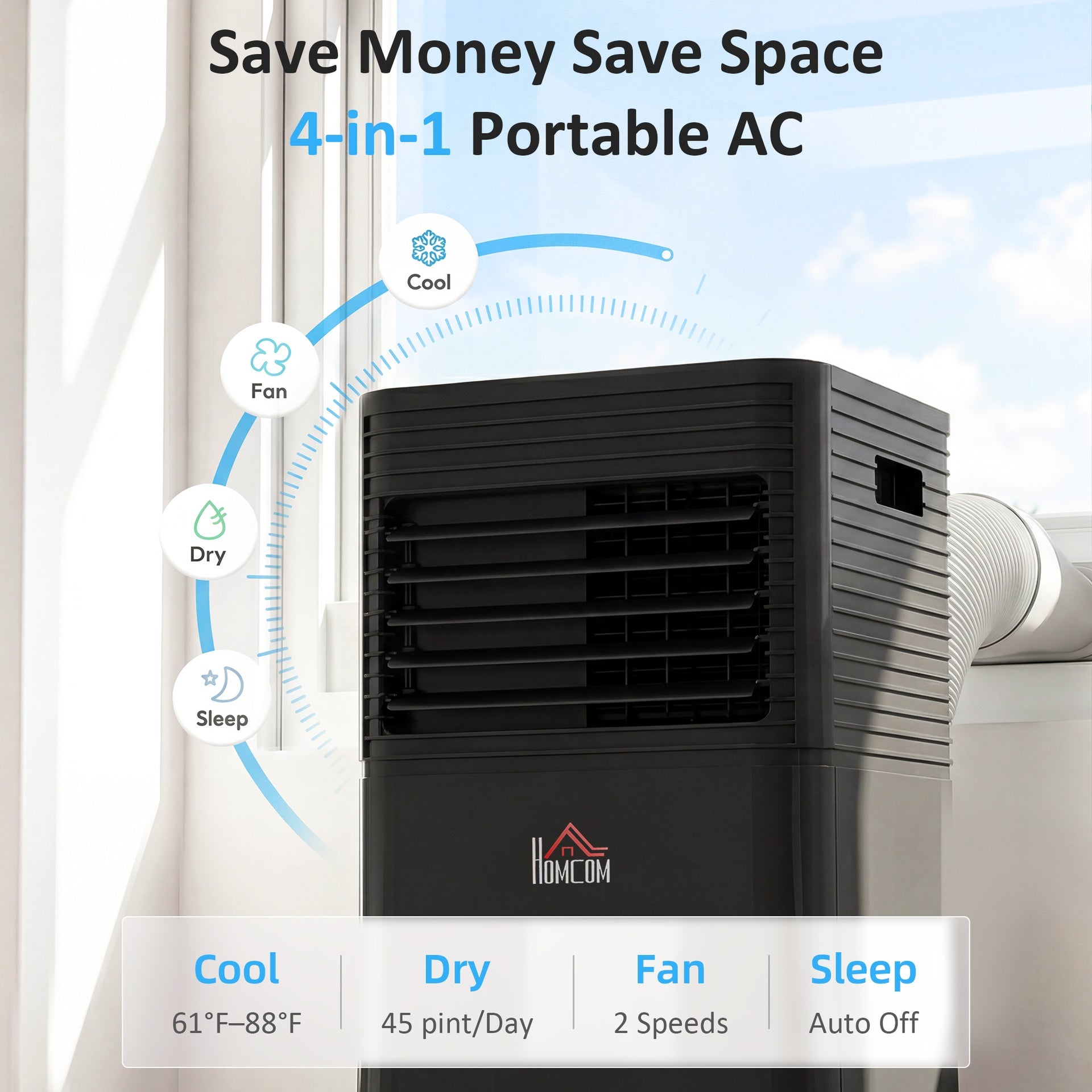 HOMCOM 8000 BTU Portable Air Conditioner with Dehumidifier, Cooling Fan, Sleep, Remote, 24H Timer, Auto Off, Black