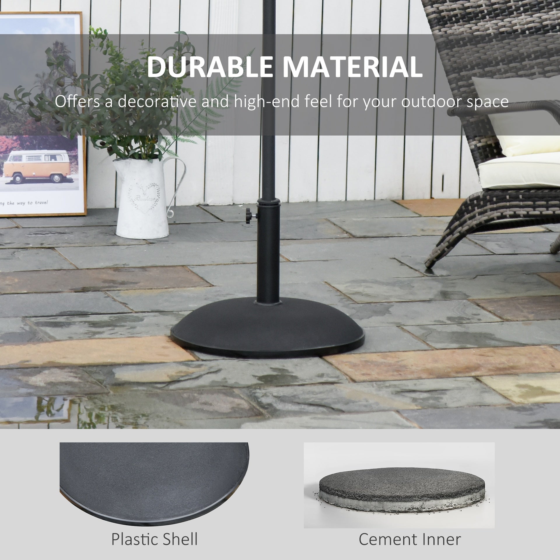 Outsunny 20" 55 lbs Round Cement Umbrella Base Stand Market Parasol Holder with Tightening Knob & Easy Setup, for Φ1.3", Φ1.5", Φ1.9" Pole, for Lawn, Deck, Backyard, Garden, Black