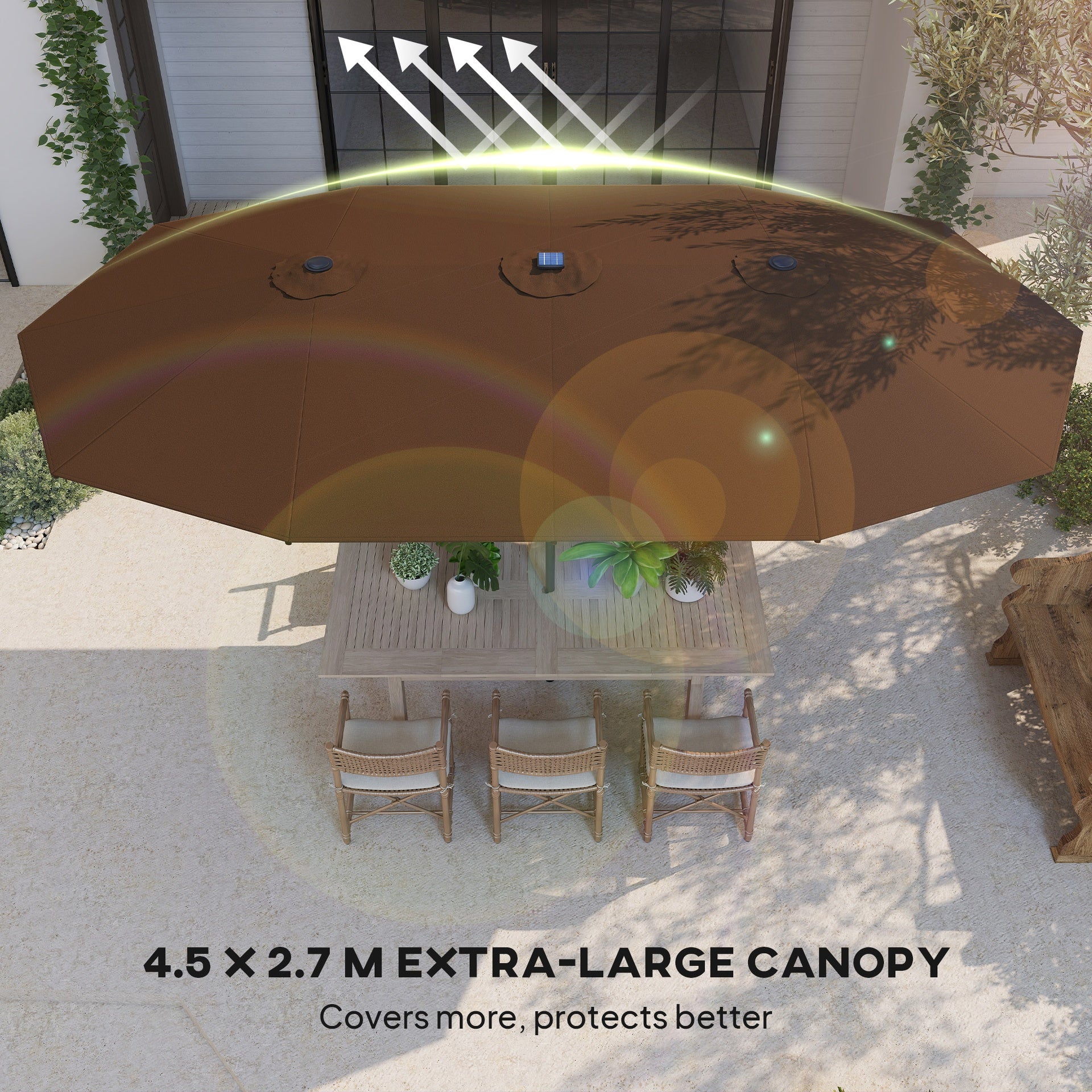 Outsunny Garden Parasol, Double-Sided Sun Umbrella with LED Solar Lights, Patio Parasol for Outdoor, Coffee